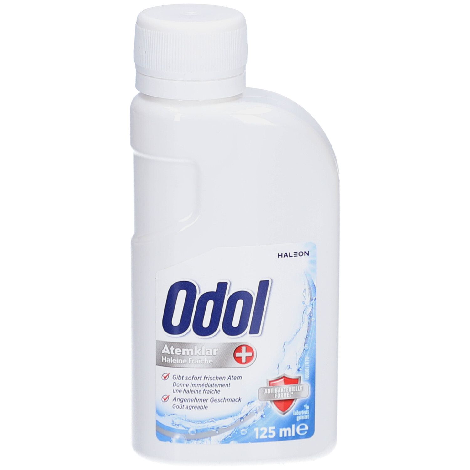 Witte plastic fles met witte schroefdop. Etiket met "Odol Atemklar" en "125 ml".