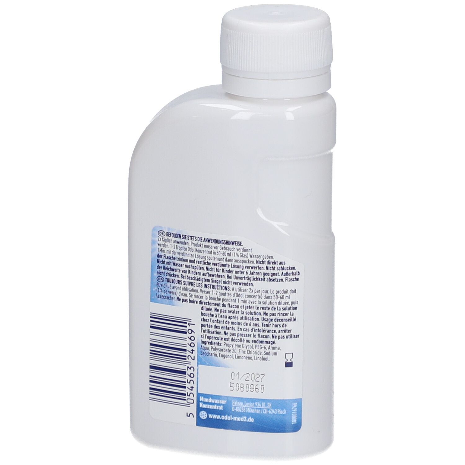 Witte plastic fles met witte schroefdop en blauw-wit etiket met barcode en tekst.