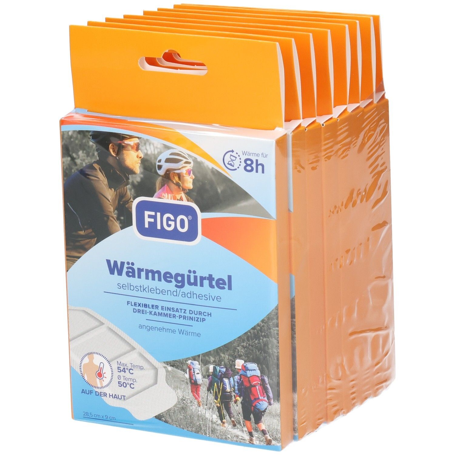 Verpakking van FIGO Wärmegürtel. Blauwe achtergrond met productafbeelding en tekst. Bevat informatie over temperatuur en gebruik.