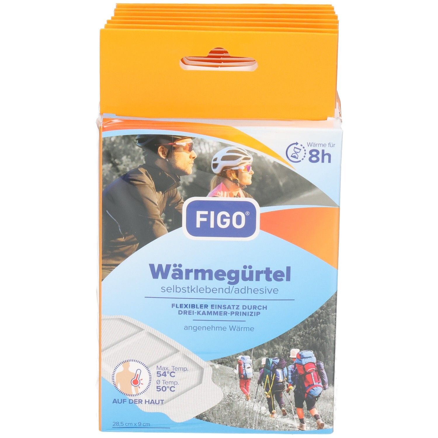 FIGO Wärmegürtel verpakking. Voorkant met productafbeelding en tekst. Bevat informatie over temperatuur en gebruik.
