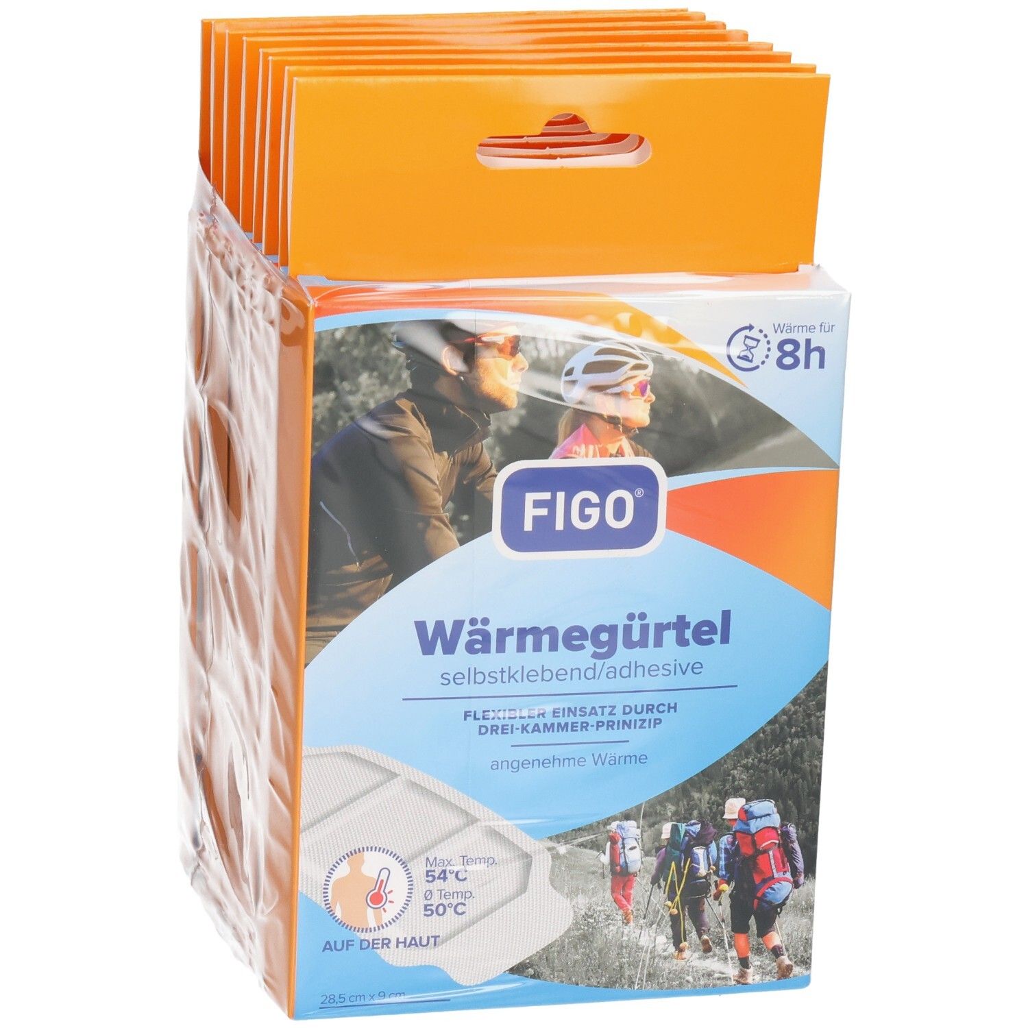 FIGO Wärmegürtel verpakkingen. Meerdere verpakkingen in een verpakking. Voorkant met productafbeelding en tekst.