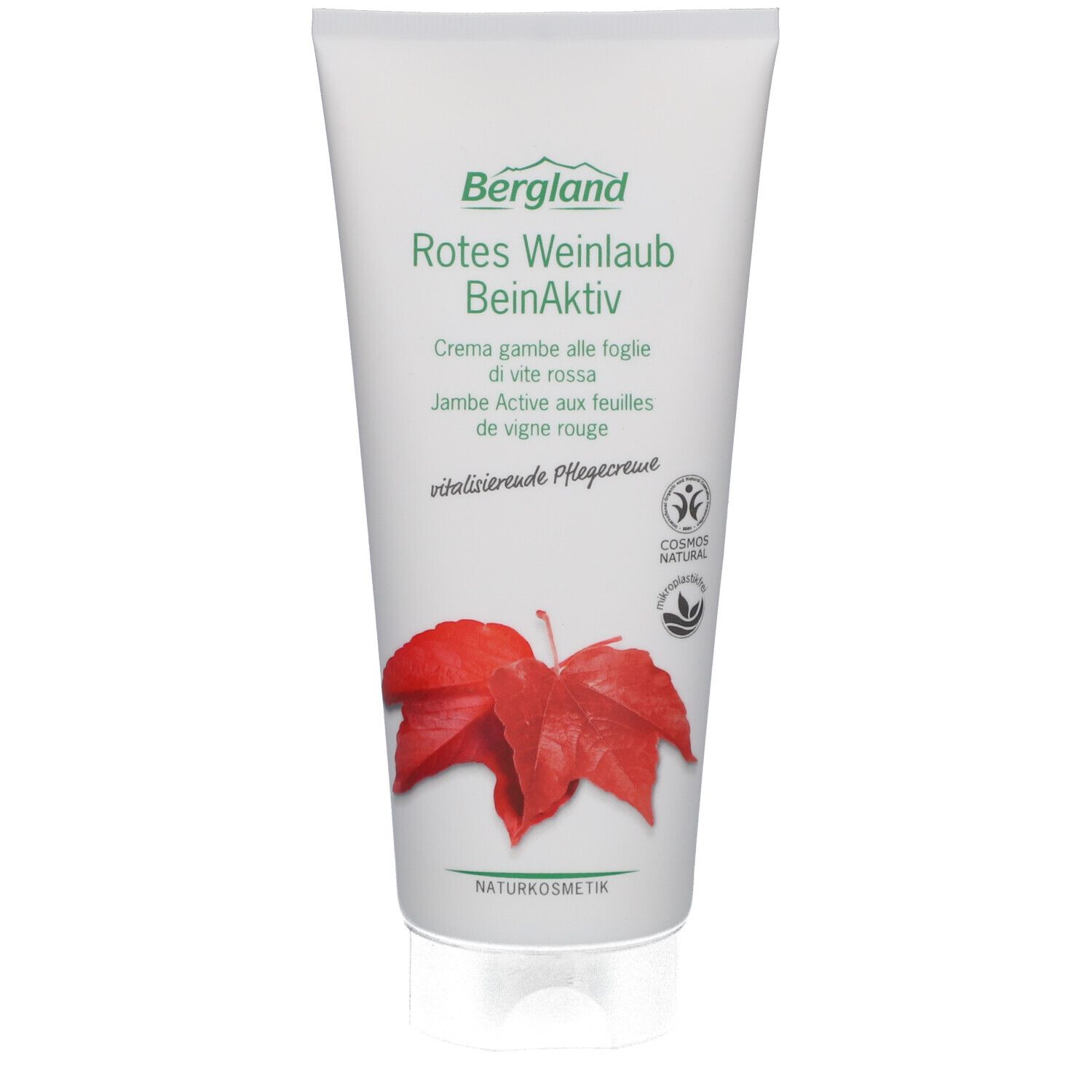 Tube de crème avec motif de feuilles de vigne rouge et texte. Nom du produit et logo. Label cosmétique naturel.
