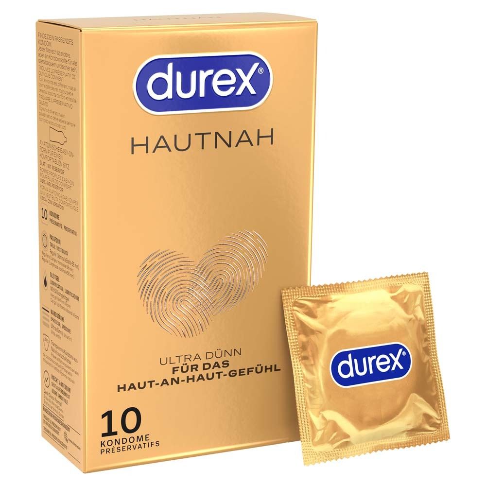 Durex Hautnah condoomverpakking, 10 stuks. Gouden doos met vingerafdruk symbool.