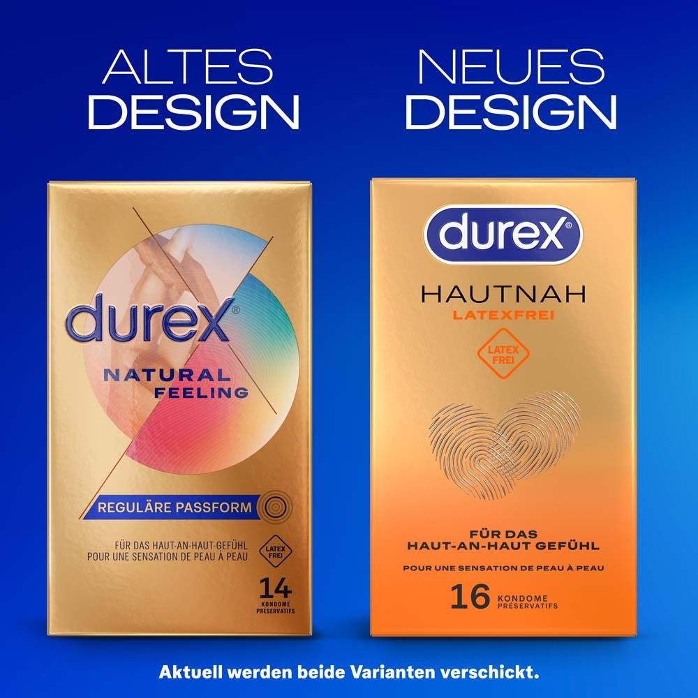 Durex Natural Feeling verpakking, 14 condooms, reguliere pasvorm, latexvrij.