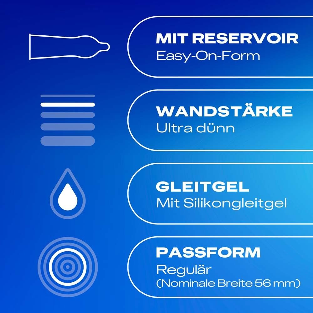 Condoom met reservoir, Easy-On vorm, ultradun, siliconen glijmiddel, normale pasvorm (nominale breedte 56 mm).
