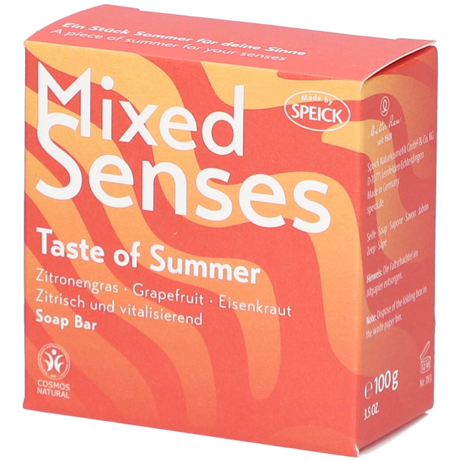 Rode doos met "Mixed Senses Taste of Summer" en "Soap Bar". Bevat citroengras, grapefruit, ijzerkruid. COSMOS NATURAL zegel.