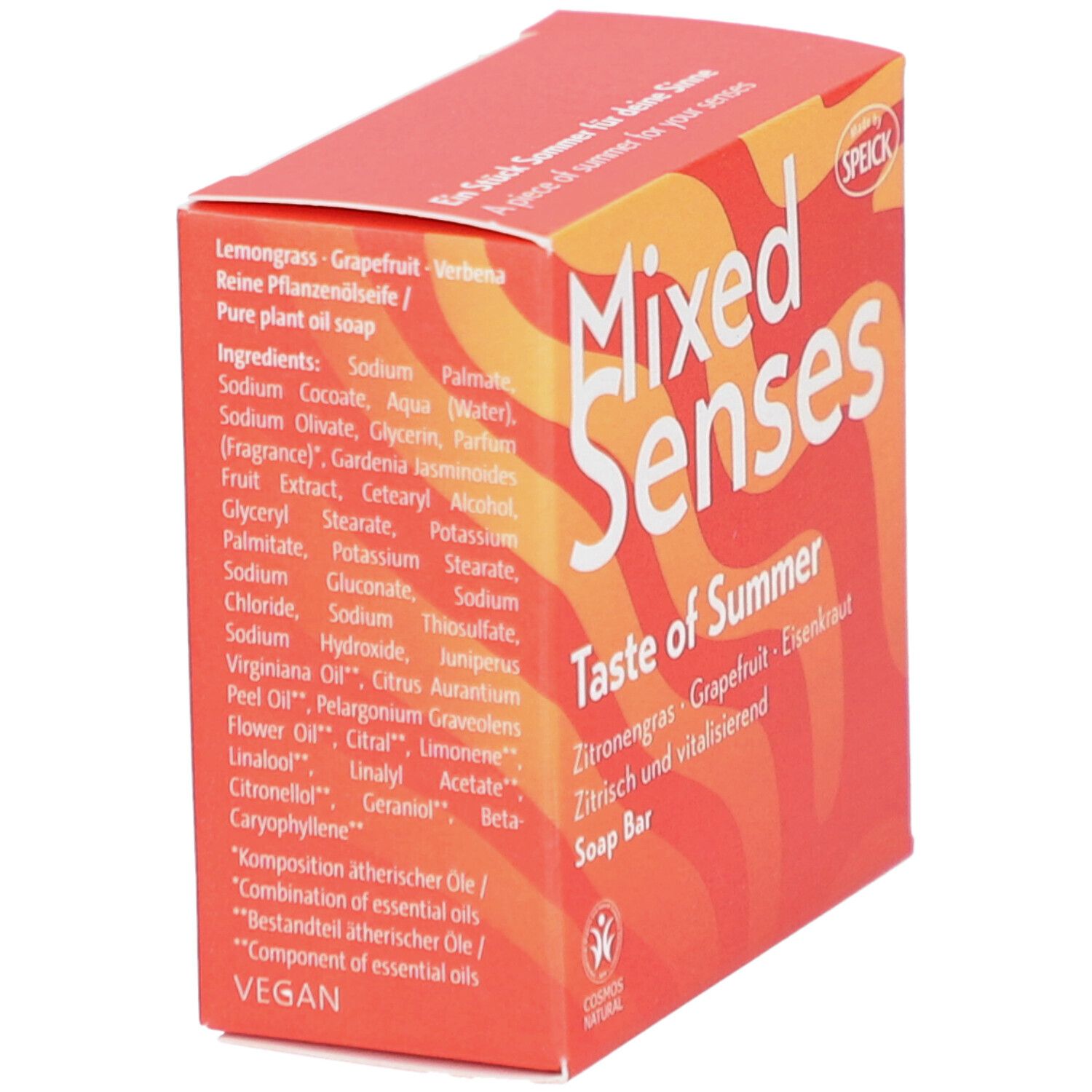 Rode doos met ingrediënten en "Mixed Senses Taste of Summer". Vegan-zegel. COSMOS NATURAL zegel. Speick-logo.