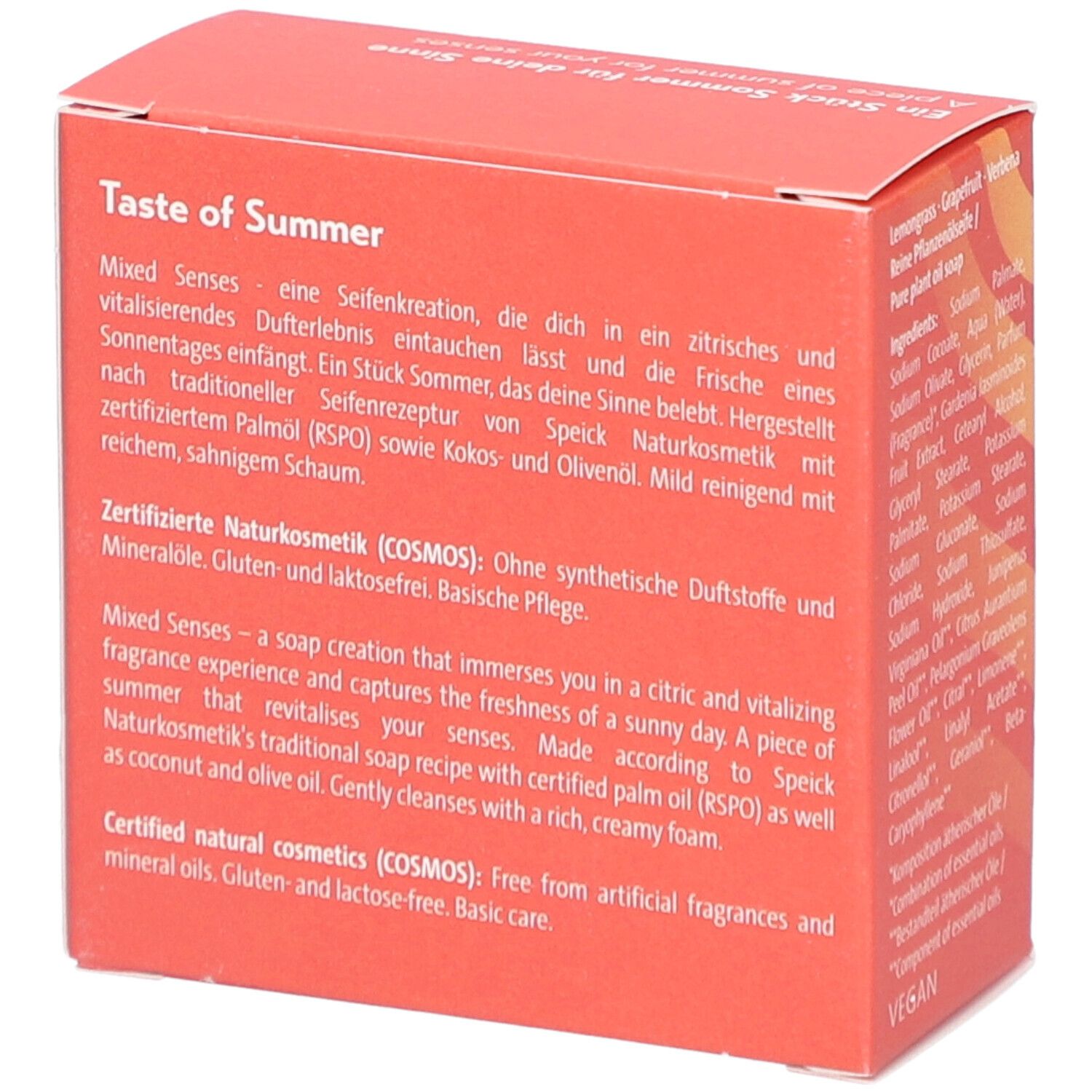 Rode doos met tekst over "Mixed Senses Taste of Summer". COSMOS NATURAL zegel. Tekst in het Duits en Engels.