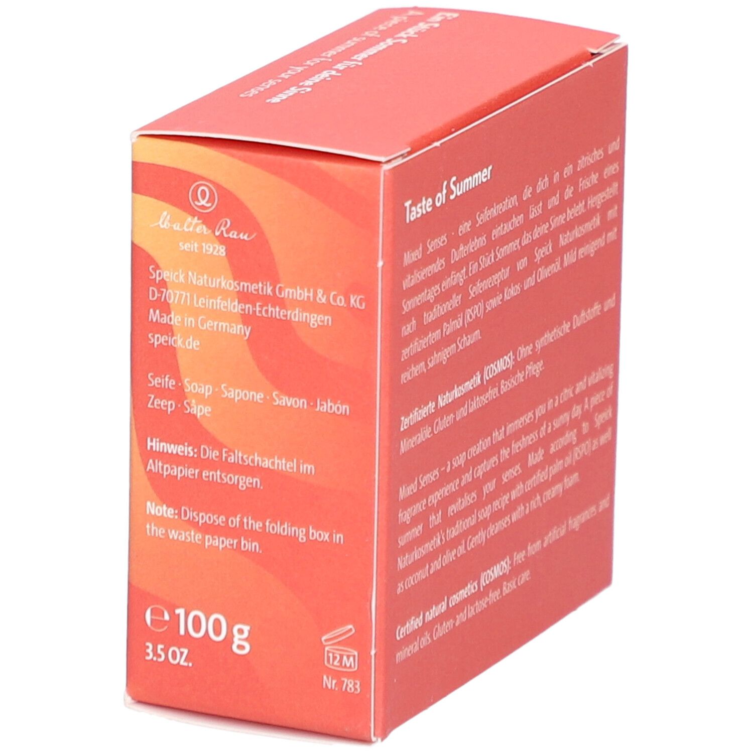 Rode doos met tekst, "Mixed Senses Taste of Summer". Speick-logo. 100g, 3.5 oz. 12M-symbool. Tekst in het Duits, Engels, Frans, Italiaans.