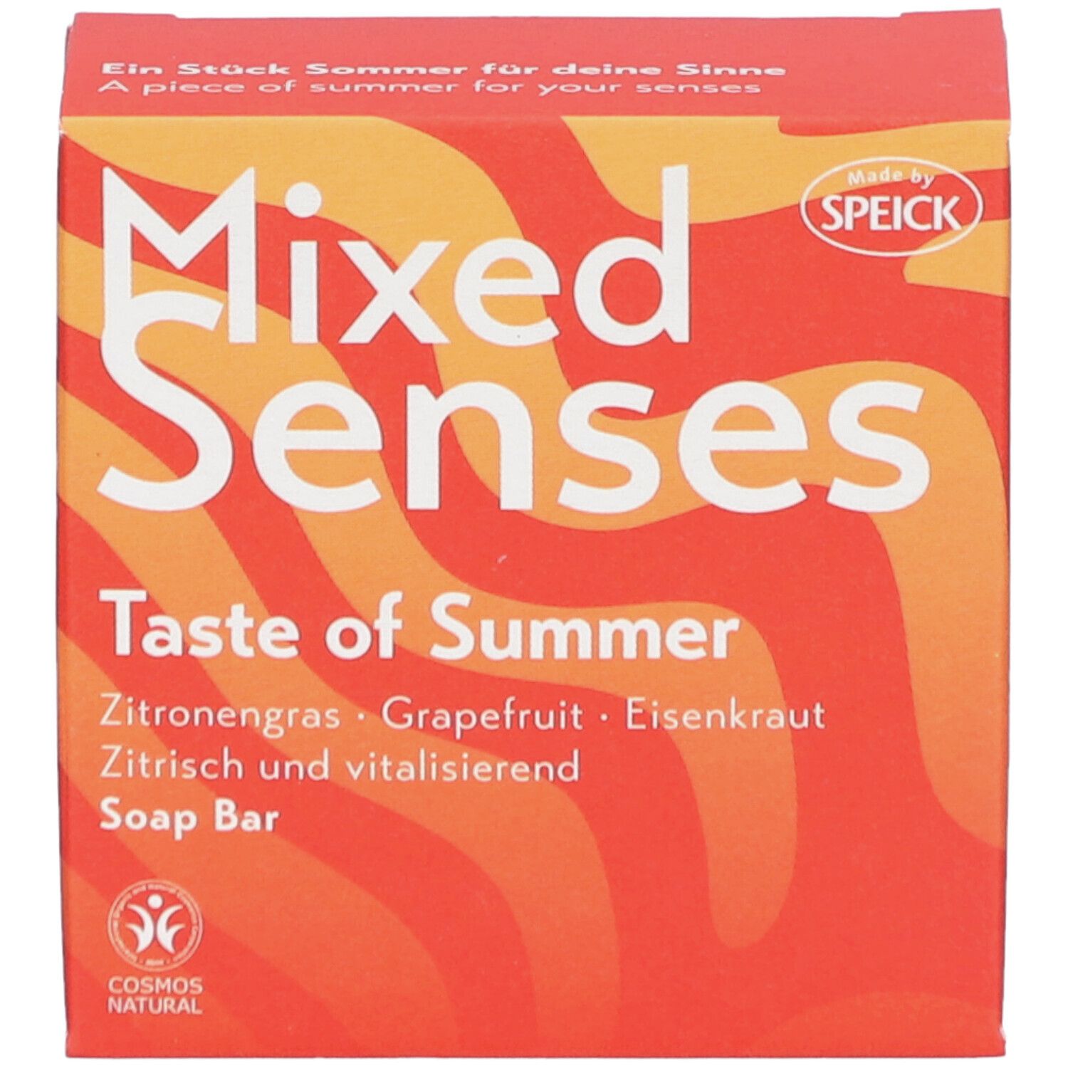Rode doos met "Mixed Senses Taste of Summer" en "Soap Bar". Bevat citroengras, grapefruit, ijzerkruid. COSMOS NATURAL zegel. Speick-logo.