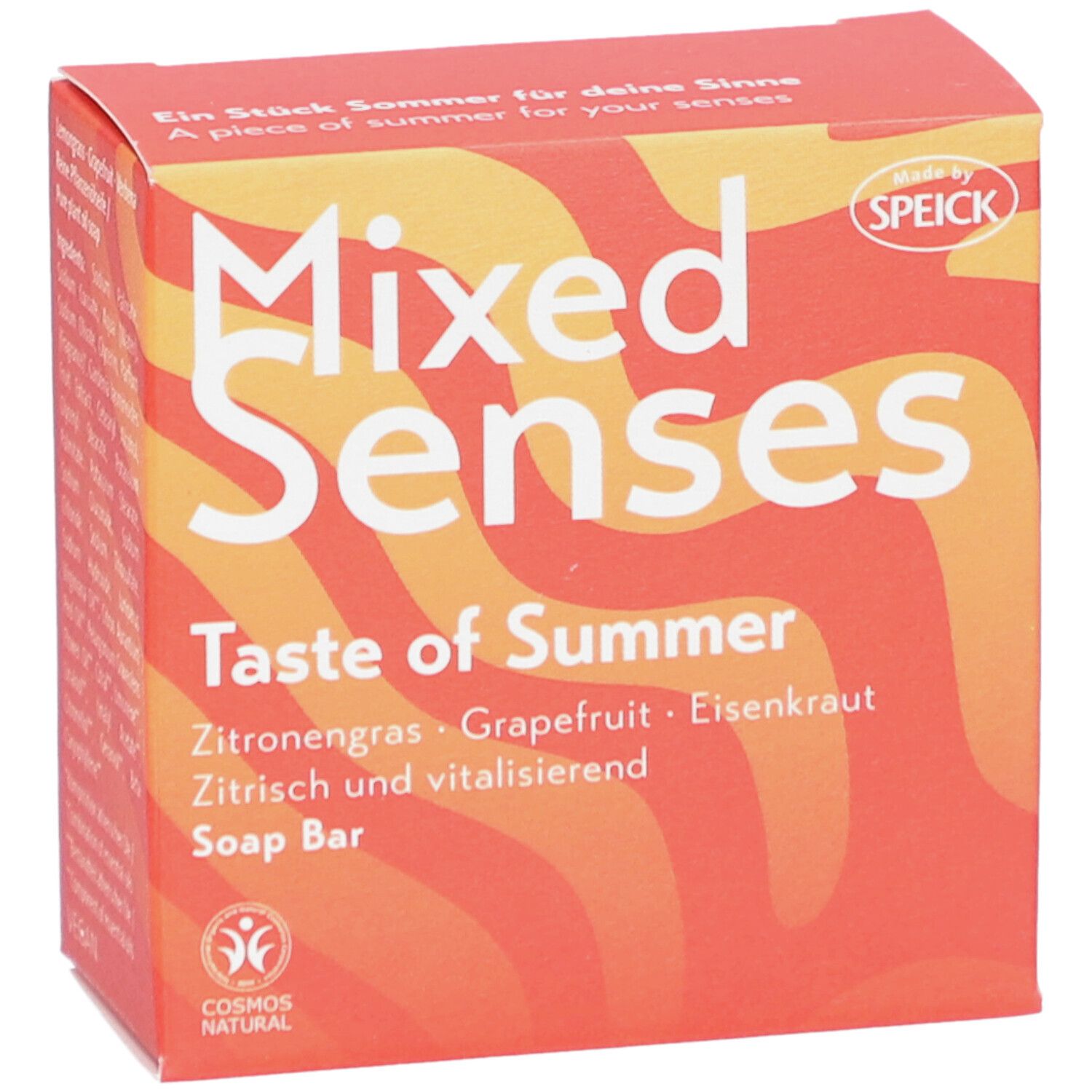 Rode doos met "Mixed Senses Taste of Summer" en "Soap Bar". Bevat citroengras, grapefruit, ijzerkruid. COSMOS NATURAL zegel. Speick-logo.