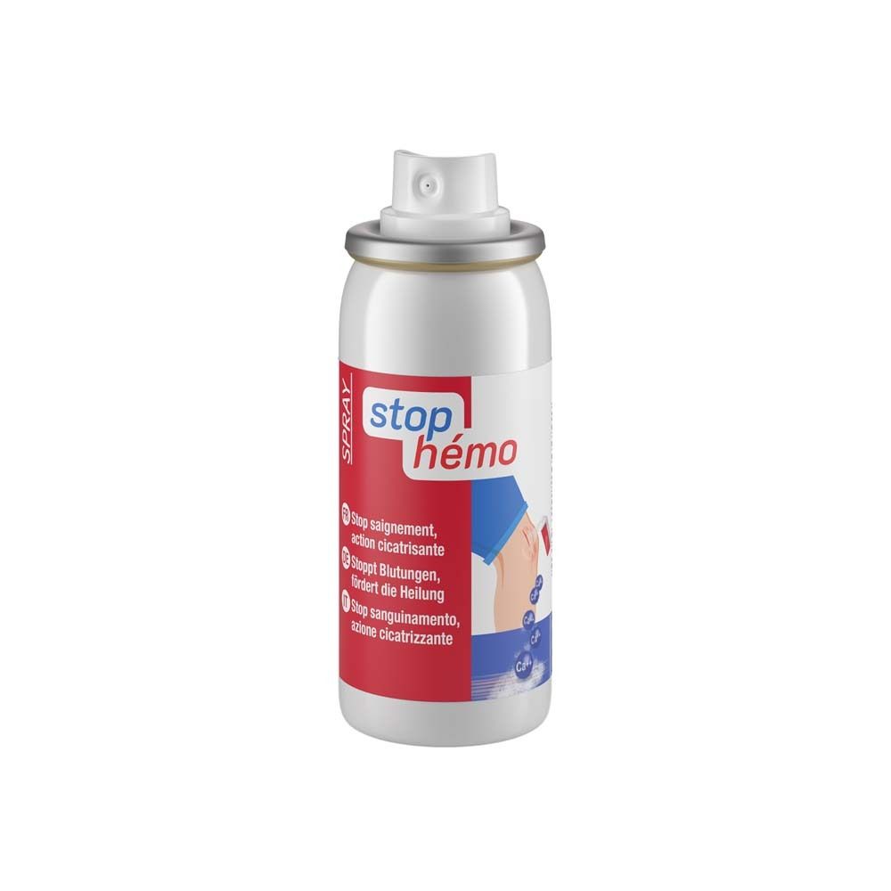 Flacon spray blanc avec étiquette rouge. Inscription : stop hémo. Texte en français, allemand, italien.