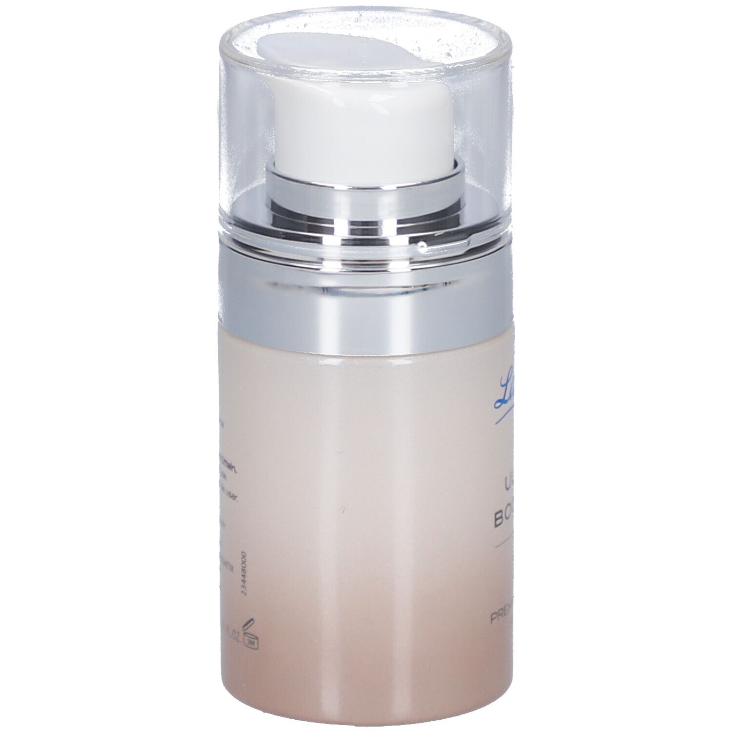 Dos du flacon de sérum. Logo La mer. Texte : ULTRA BOOSTER, PREMIUM EFFECT SERUM. Dégradé de couleur brun clair à blanc.
