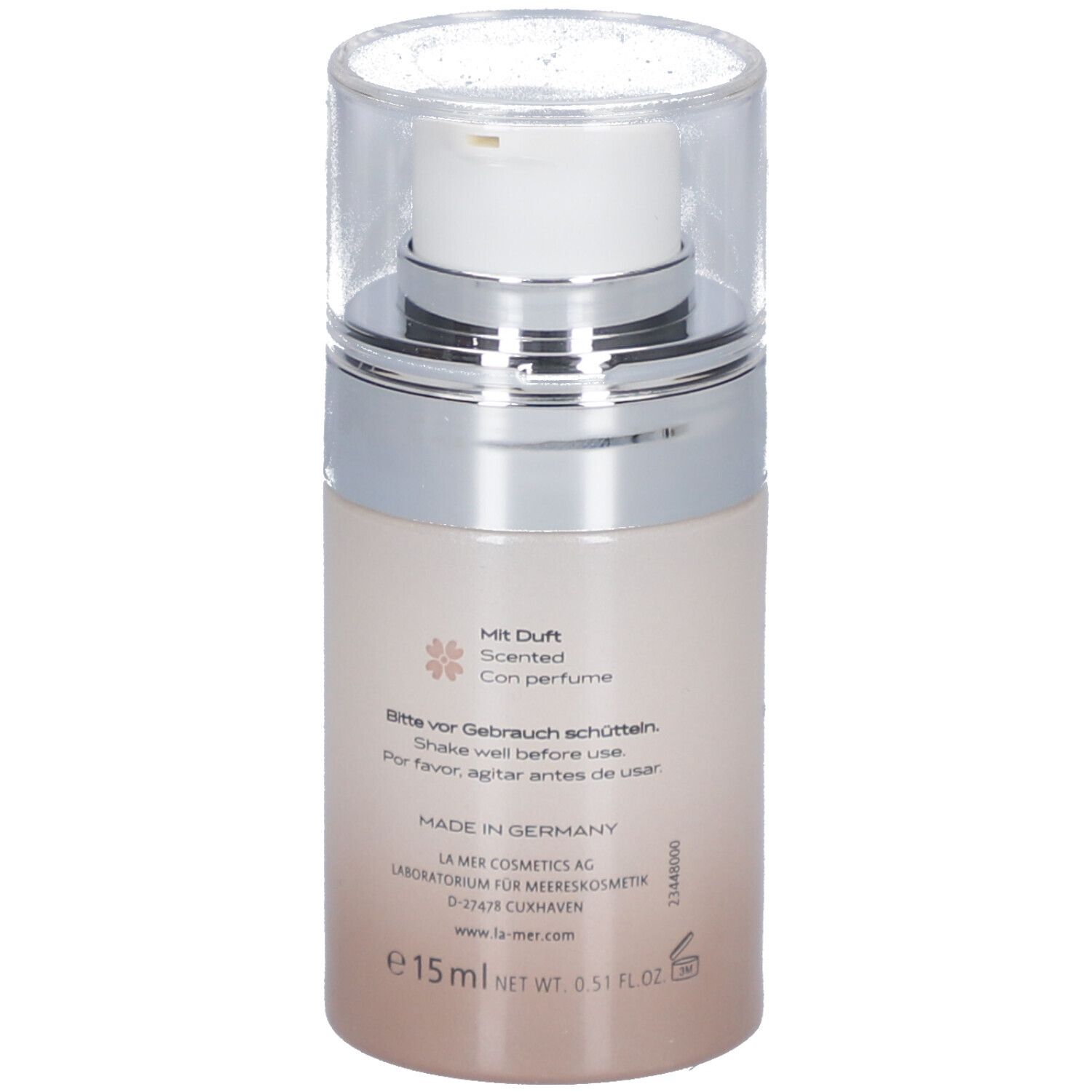 Flacon de sérum. Texte : Avec parfum, Scented, Con perfume. Texte : Agiter avant utilisation. Informations fabricant. 15 ml.