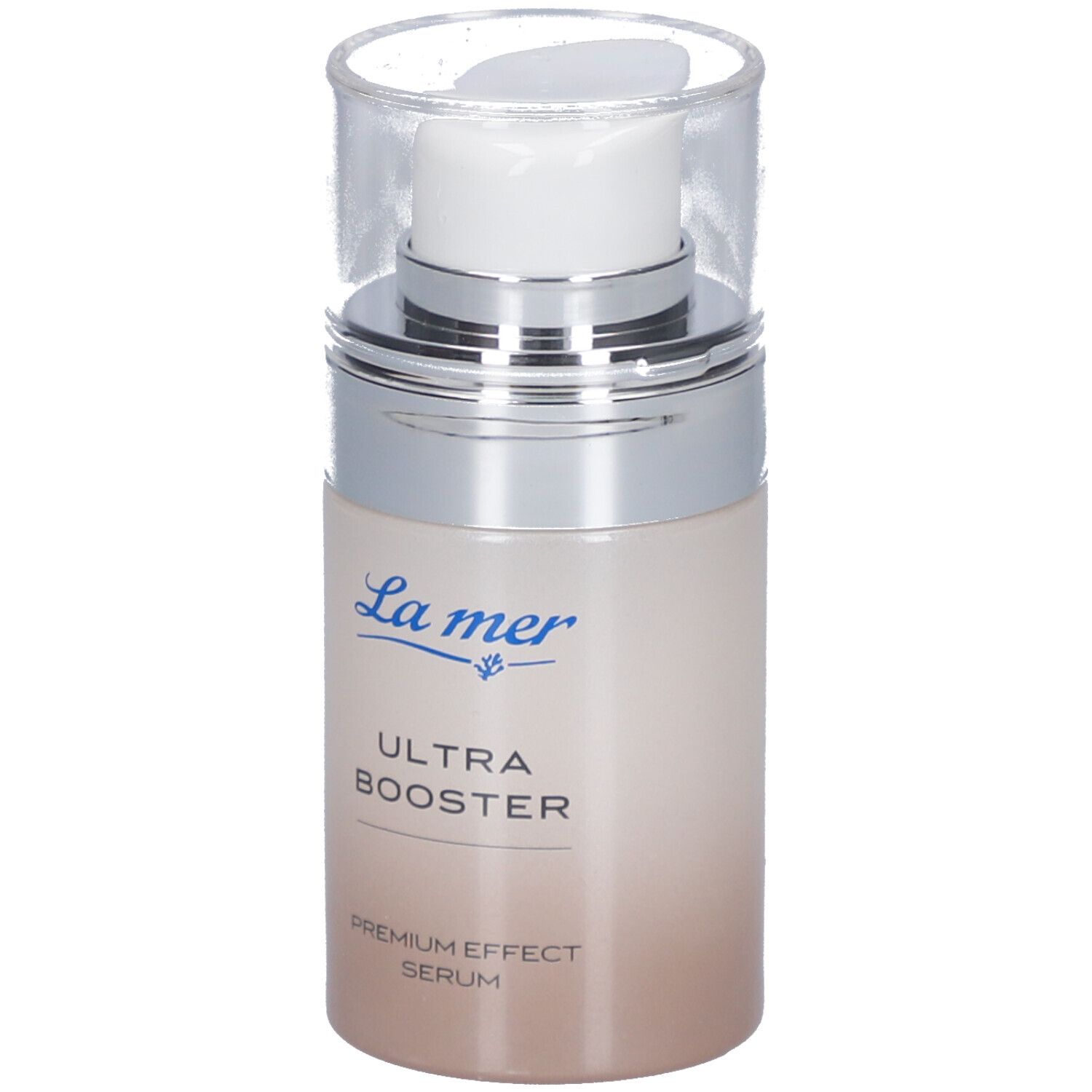 Flacon de sérum avec pompe. Logo La mer et nom du produit ULTRA BOOSTER. Dégradé de couleur brun clair à blanc.