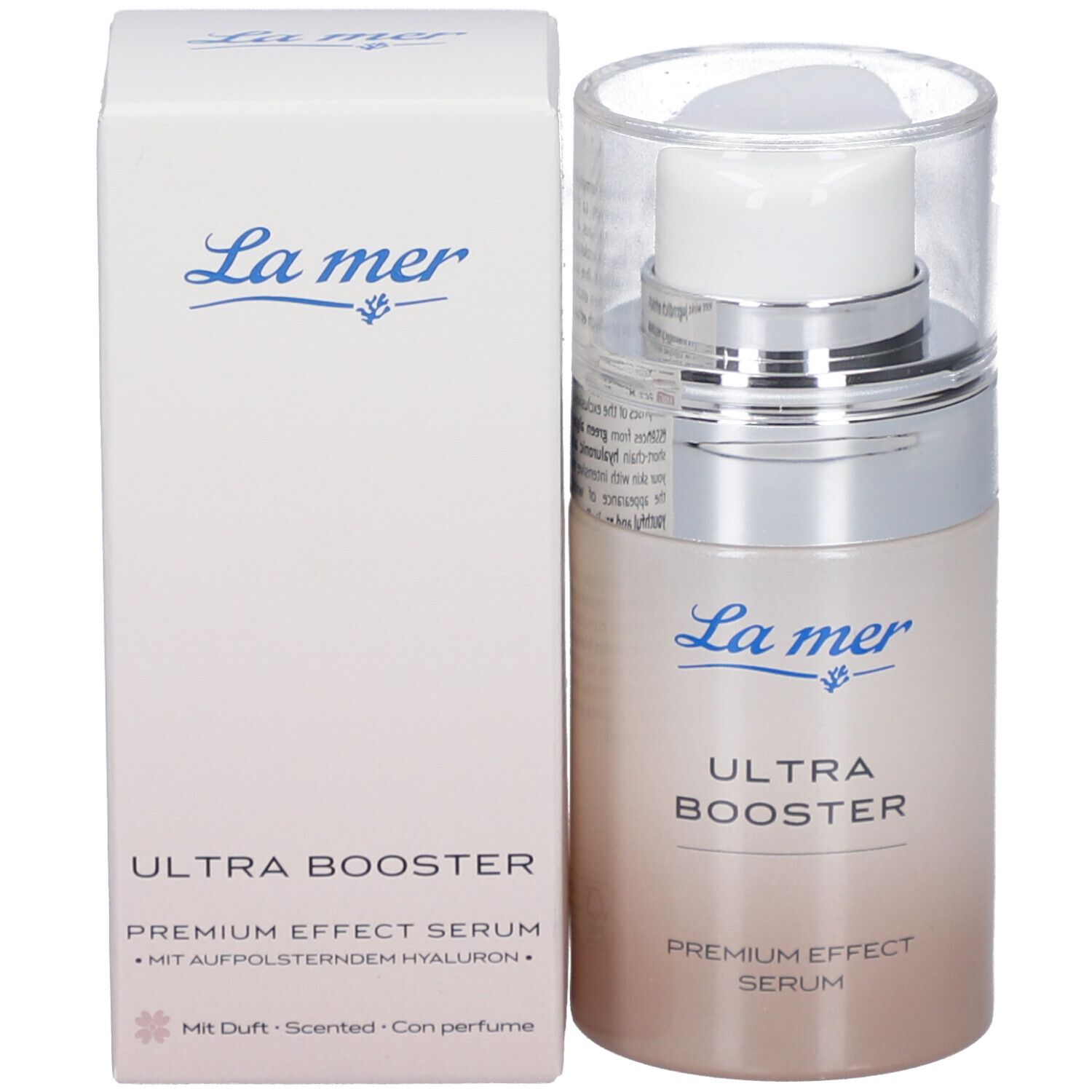 Flacon de sérum et emballage. Logo La mer. Texte : ULTRA BOOSTER, PREMIUM EFFECT SERUM. Texte : Avec parfum.