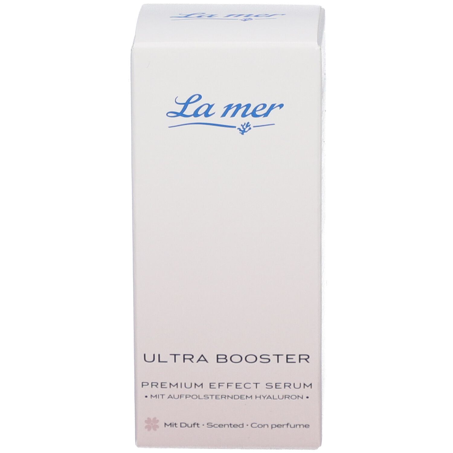 Emballage du produit. Logo La mer. Texte : ULTRA BOOSTER, PREMIUM EFFECT SERUM. Texte : Avec parfum.