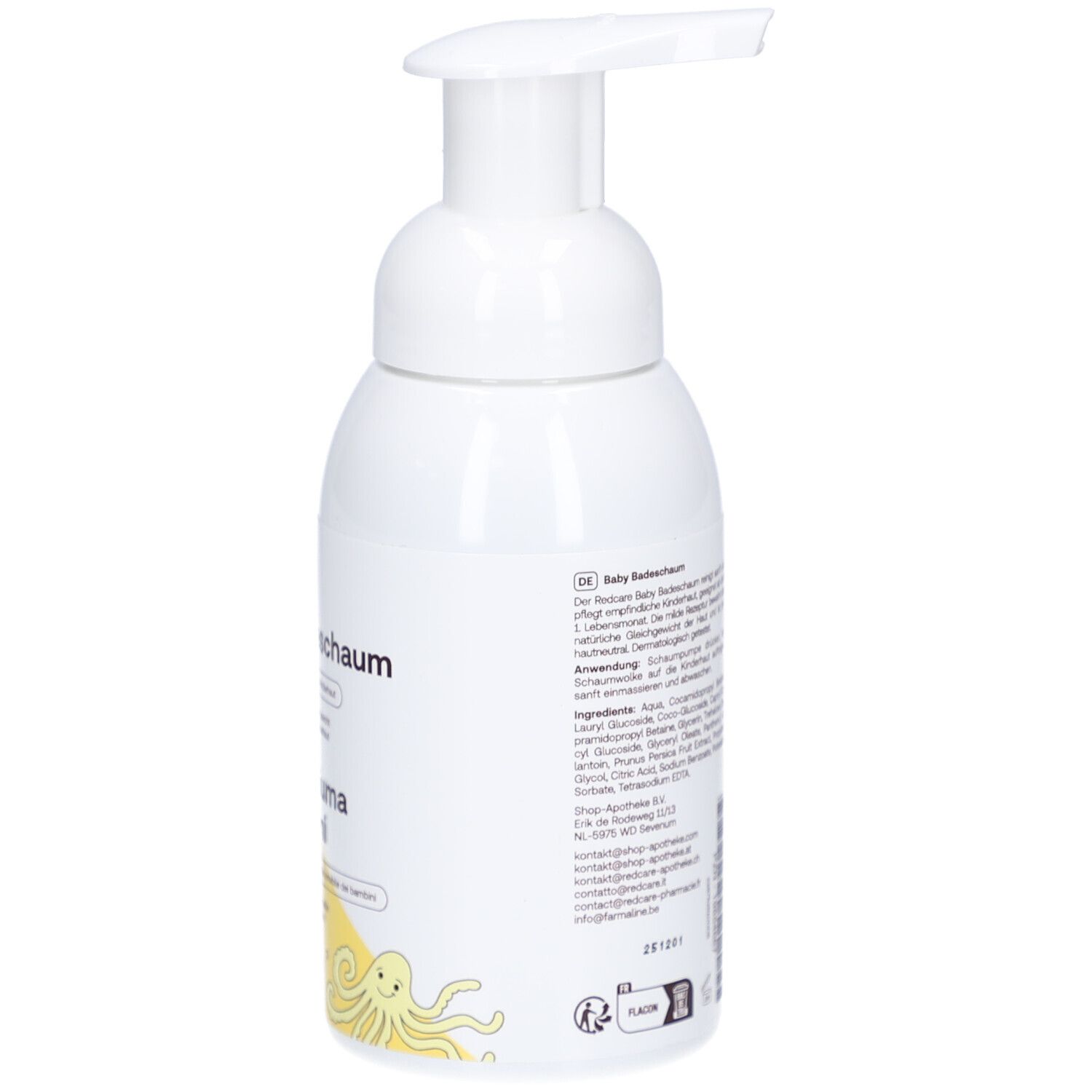 Flacon blanc avec pompe. Inscription: Redcare Junior Baby Badeschaum, bain moussant pour bébés, 250ml.