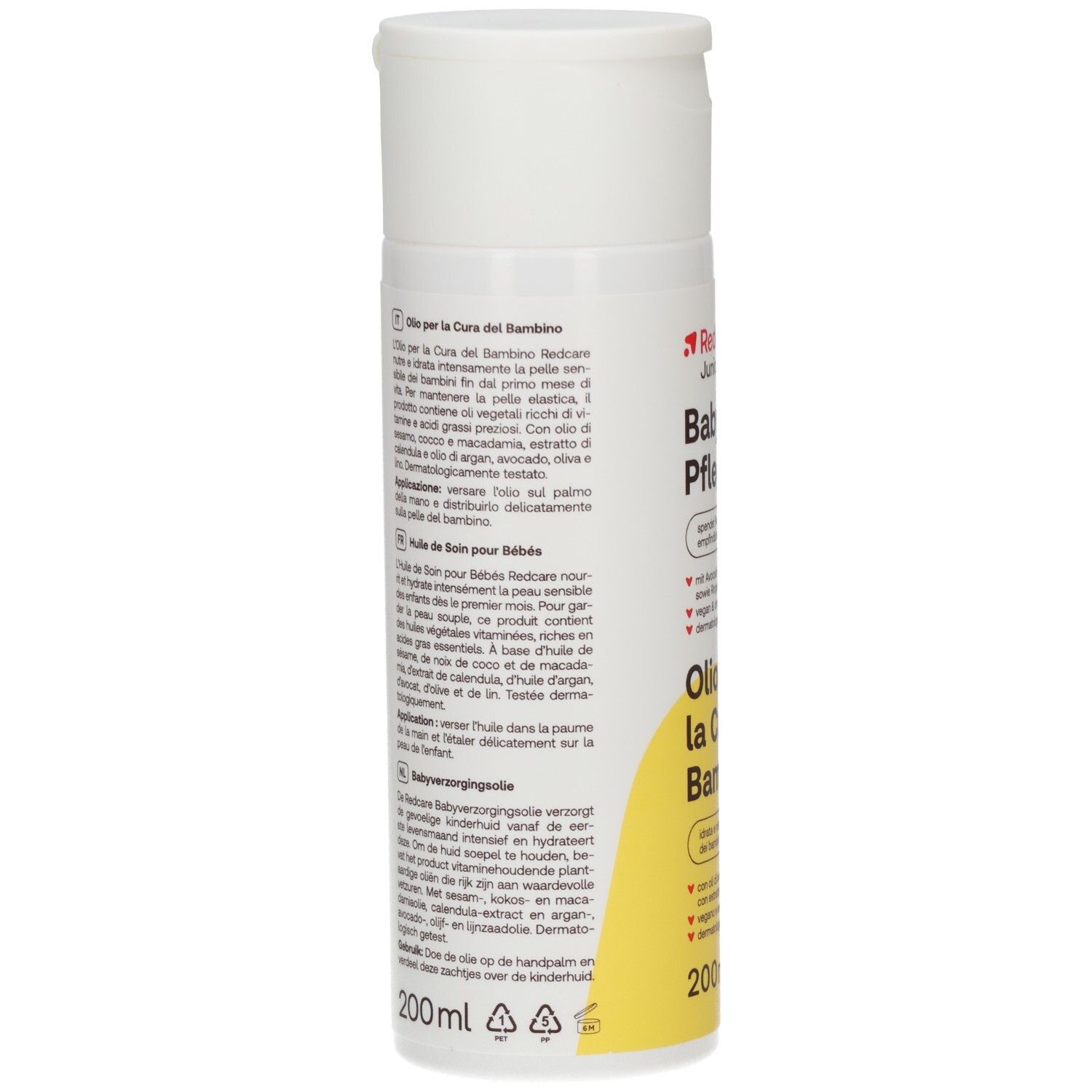 Infographie: Redcare Junior Baby Pflegeöl. Hydrate et nourrit la peau sensible des enfants. Utilisation: Verser de l'huile dans la paume.