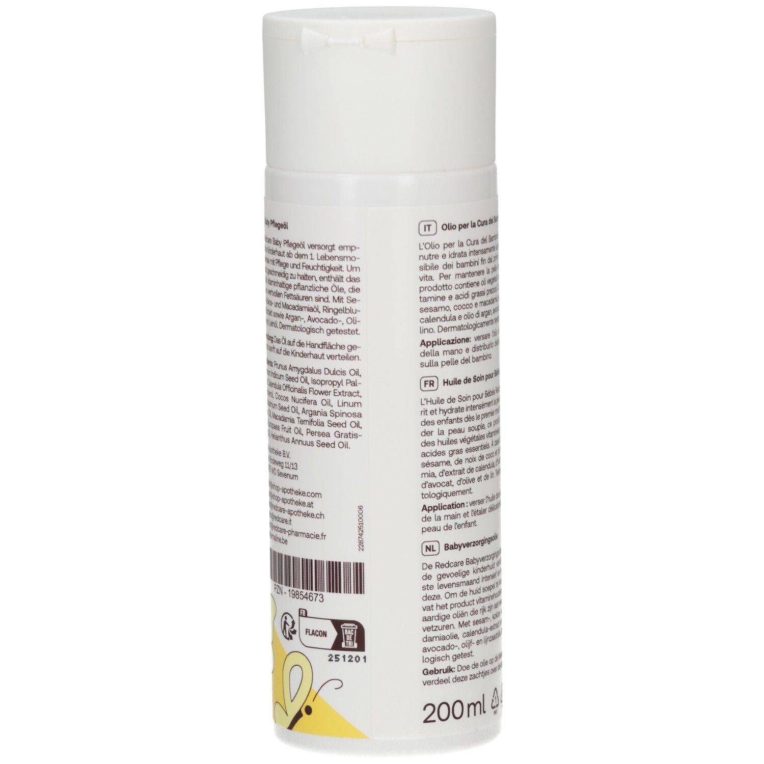 Infographie: Redcare Junior Baby Pflegeöl. Hydrate et nourrit la peau sensible des enfants. Utilisation: Verser de l'huile dans la paume.