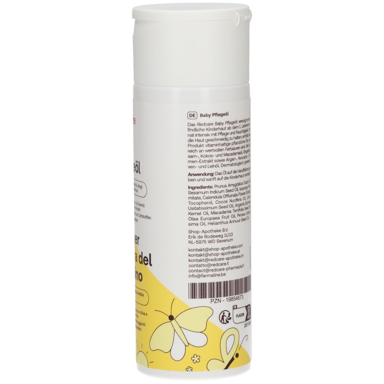 Infographie: Redcare Junior Baby Pflegeöl. Hydrate et nourrit la peau sensible des enfants. Utilisation: Verser de l'huile dans la paume.