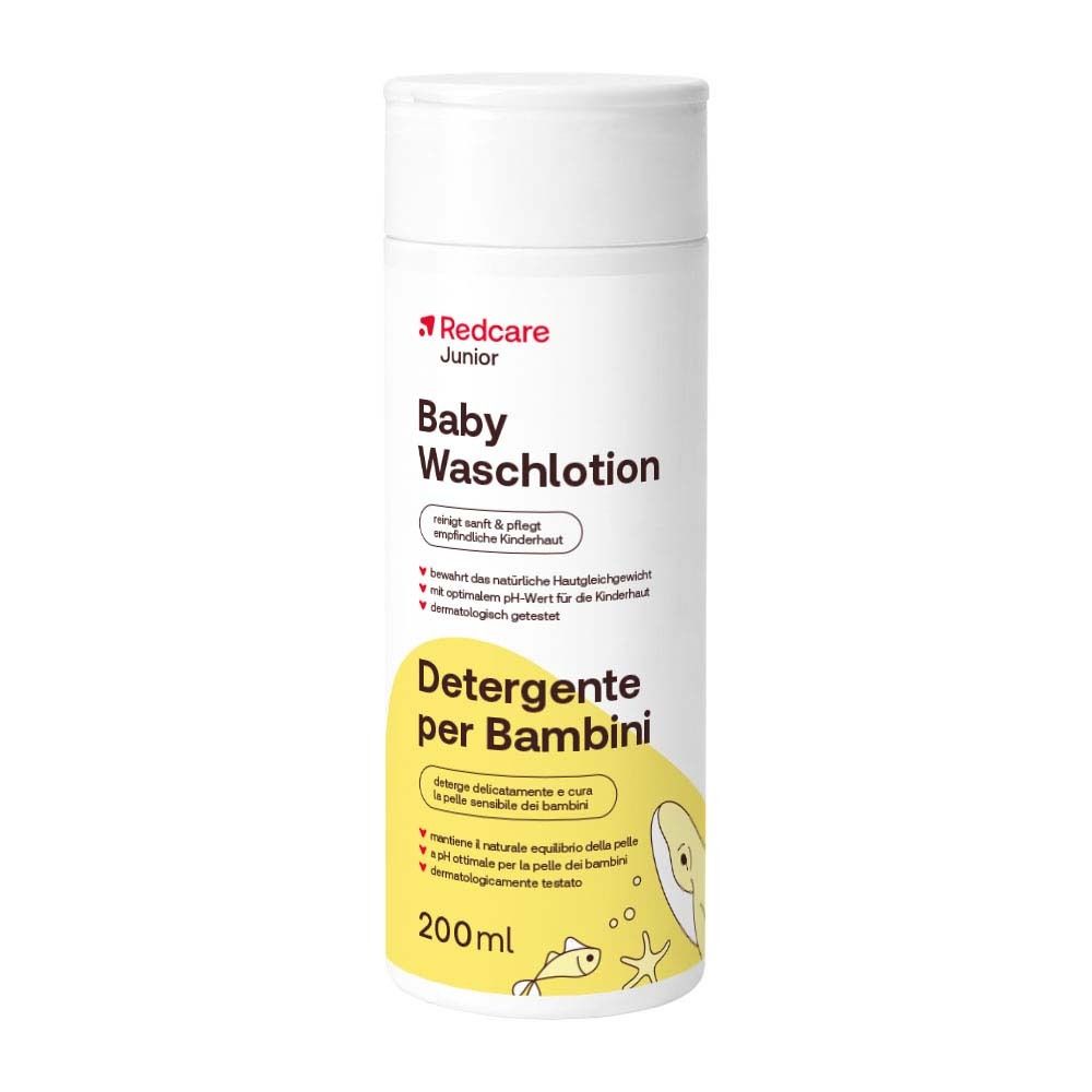 Witte fles Redcare Junior Baby Waschlotion. Opschrift: Baby Waschlotion, Detergente per Bambini. 200ml.