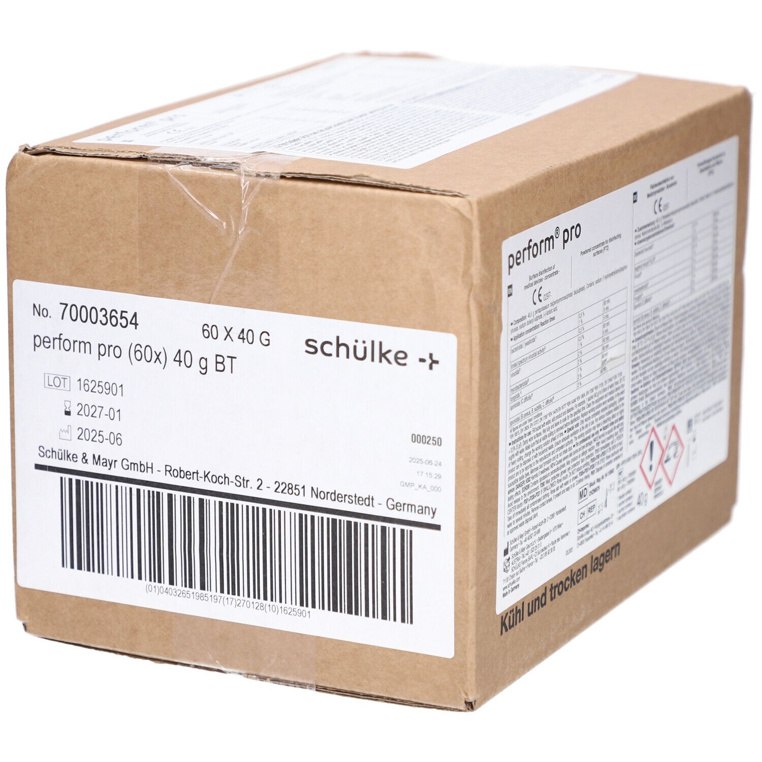 Karton met Schülke perform pro. Bedrukking met productinformatie, lotnummer en adres fabrikant. CE-markering.
