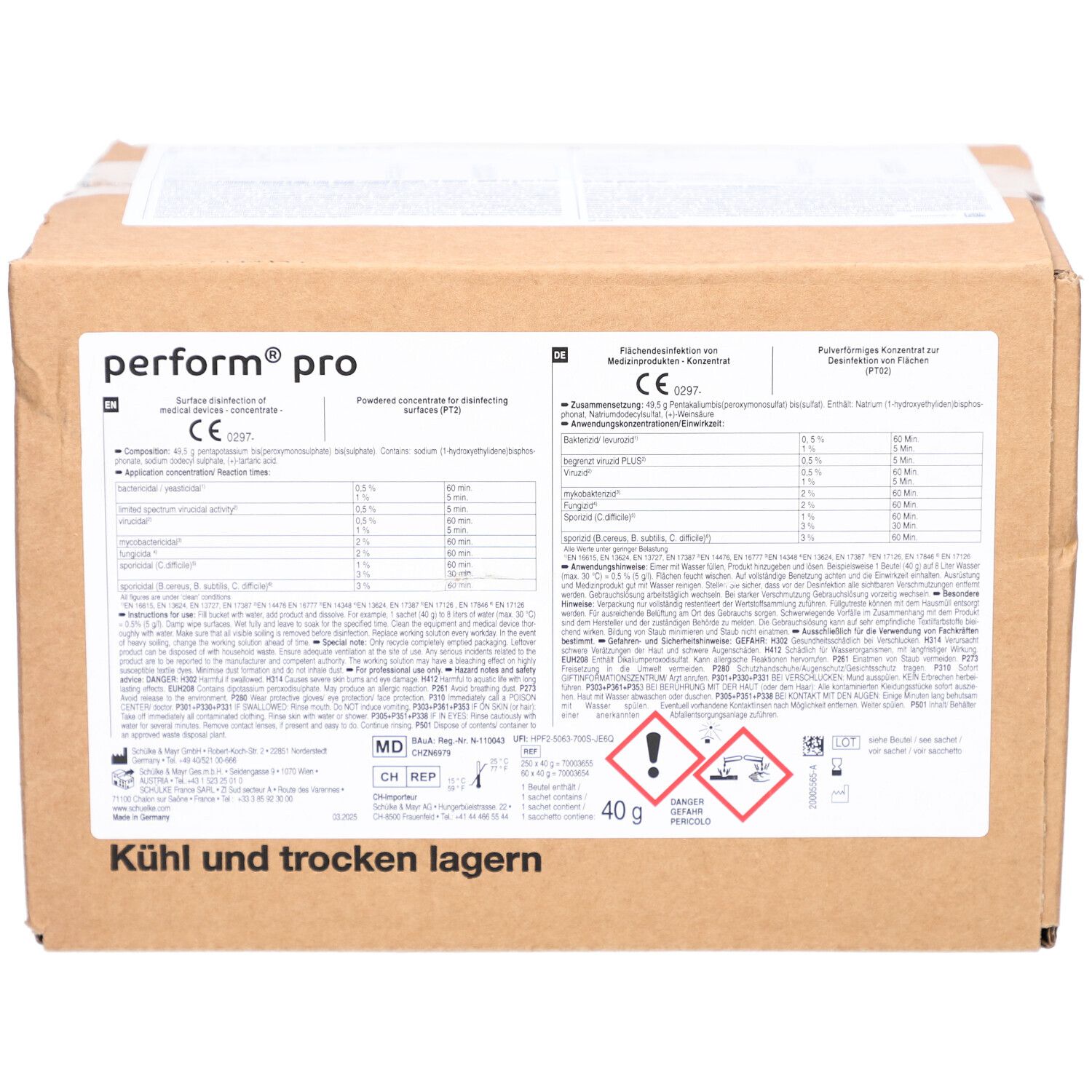 Karton met productinformatie van Schülke perform pro. Bevat gedetailleerde ingrediënten en waarschuwingen. CE-markering.