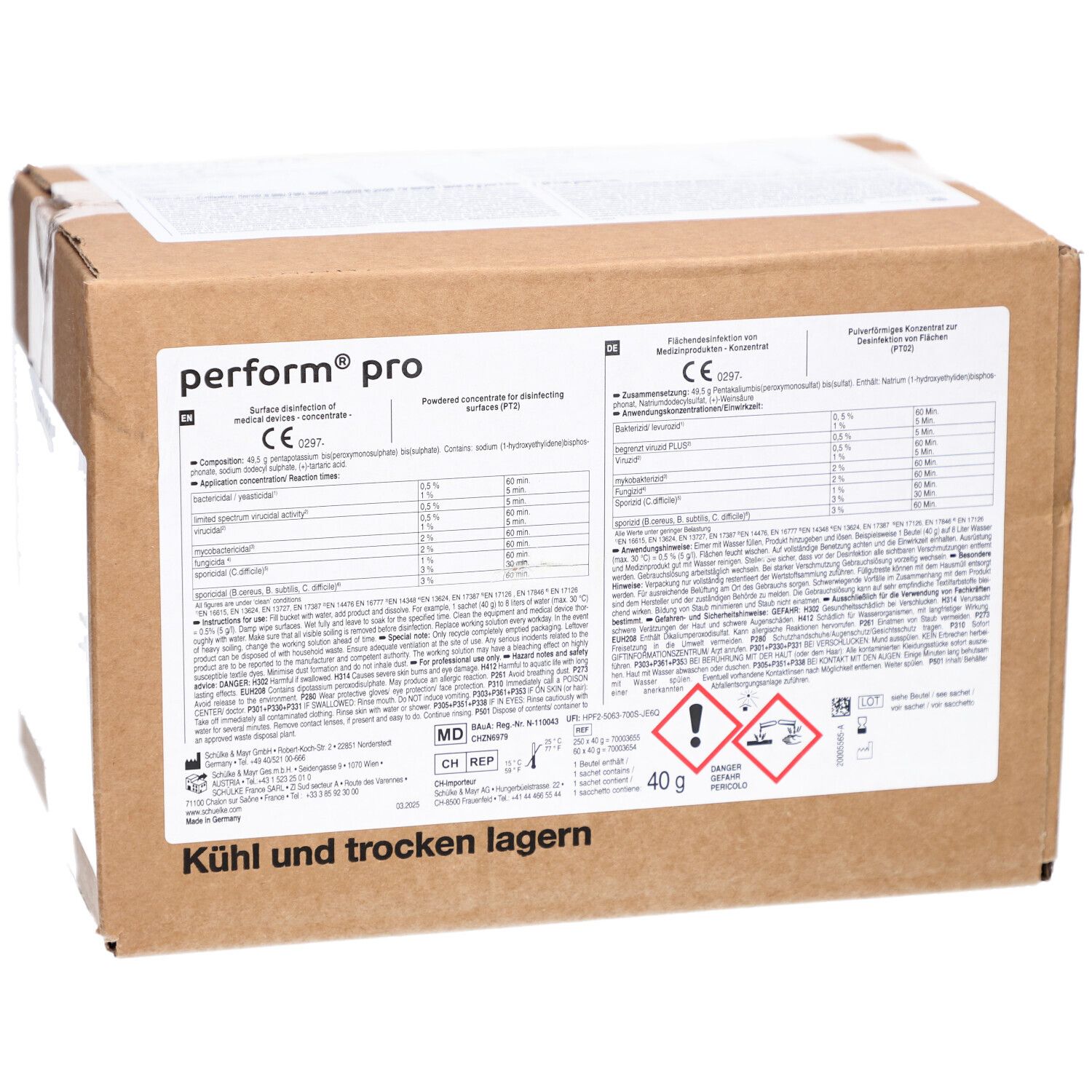 Karton met productinformatie van Schülke perform pro. Bevat gedetailleerde ingrediënten en waarschuwingen. CE-markering.
