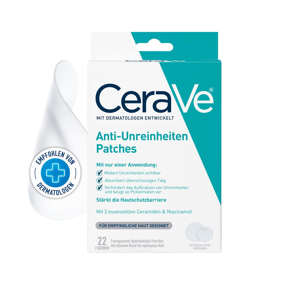 CeraVe Anti-Onzuiverheden Patches. Witte verpakking met productinfo en logo. 22 patches.