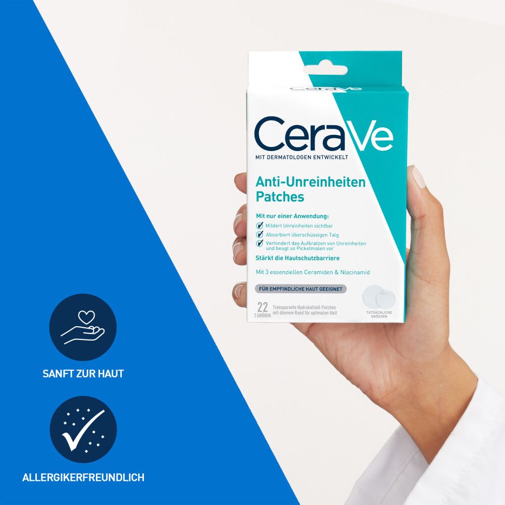 Hand houdt CeraVe patches. Blauw-witte verpakking. Hypoallergeen.