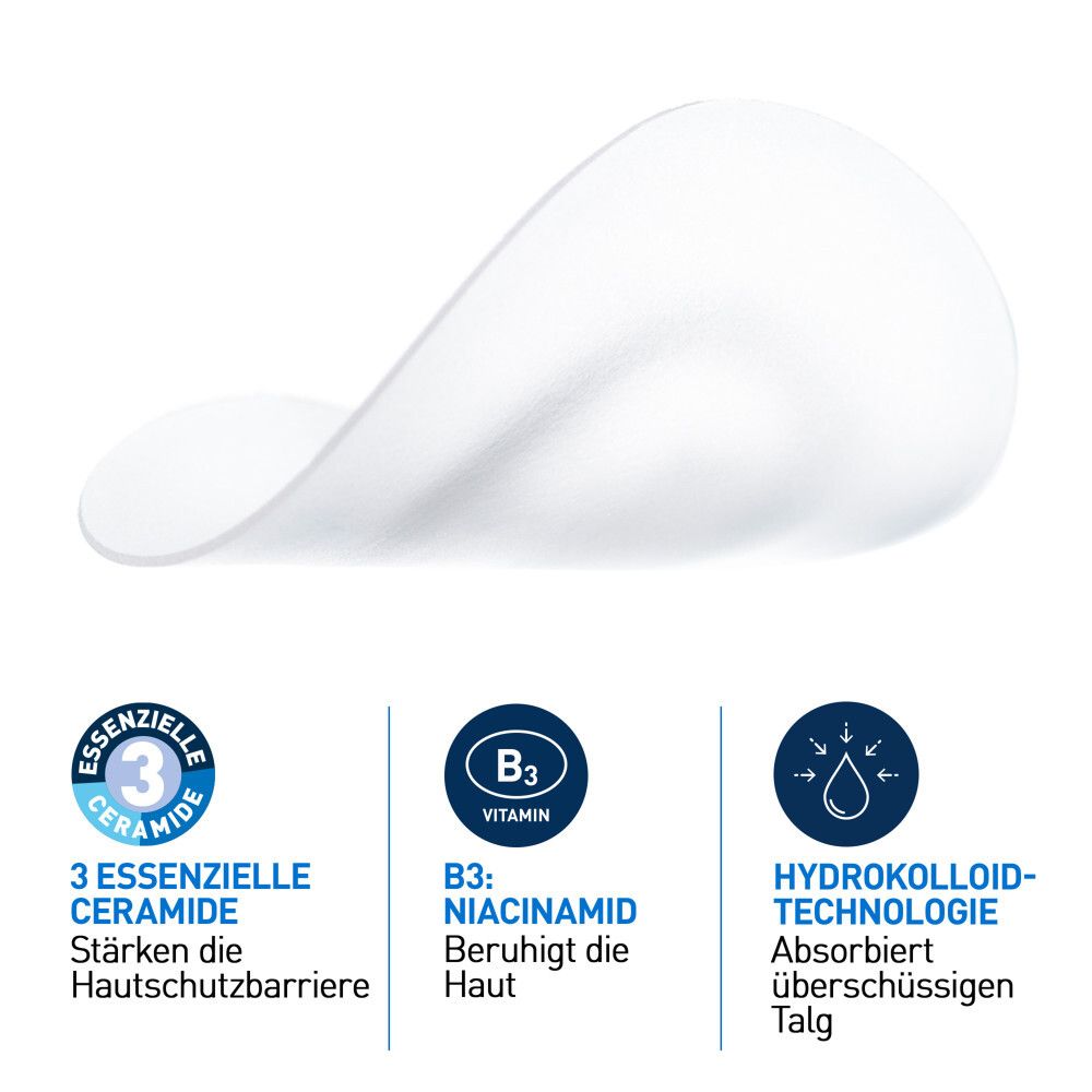 Close-up van een hydrocolloïde patch. 3 essentiële ceramiden, vitamine B3, hydrocolloïde technologie.