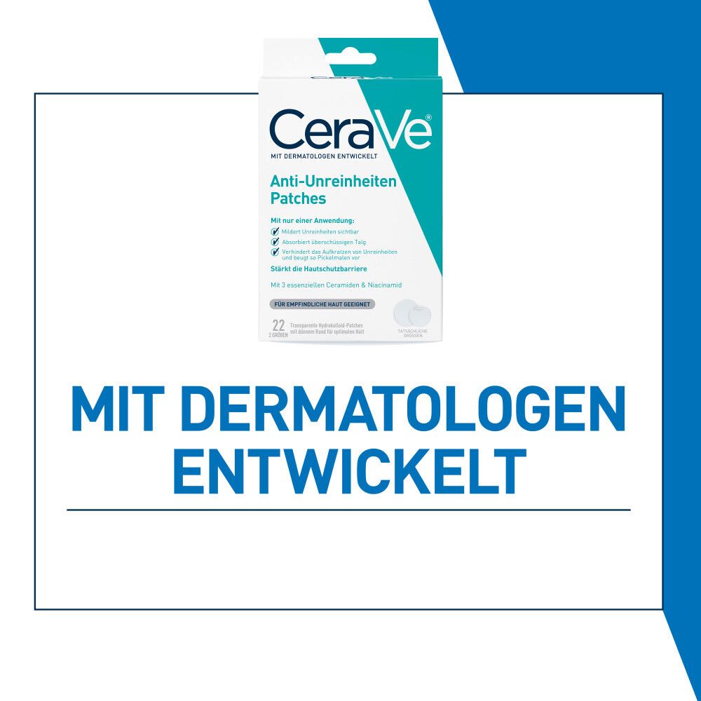 CeraVe Anti-Onzuiverheden Patches verpakking. Ontwikkeld met dermatologen. Blauw en wit.