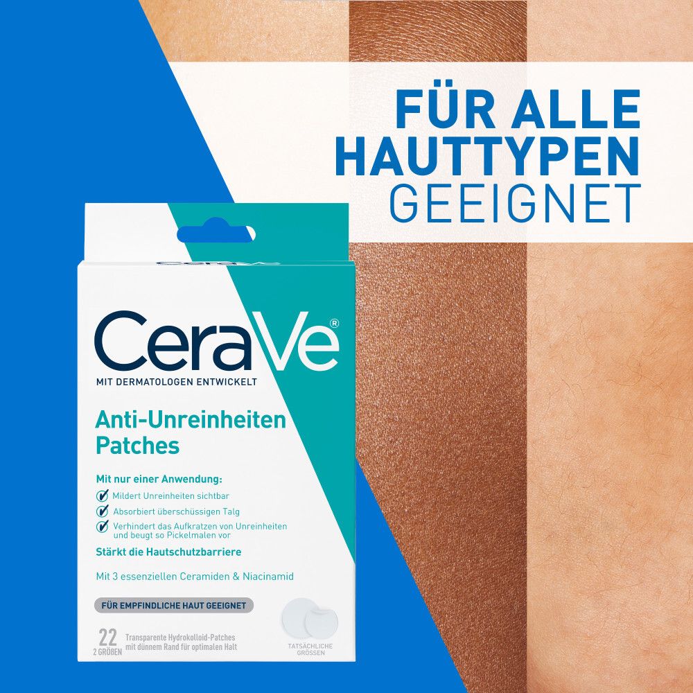 CeraVe Anti-Onzuiverheden Patches verpakking. Geschikt voor alle huidtypes. Blauw en wit.