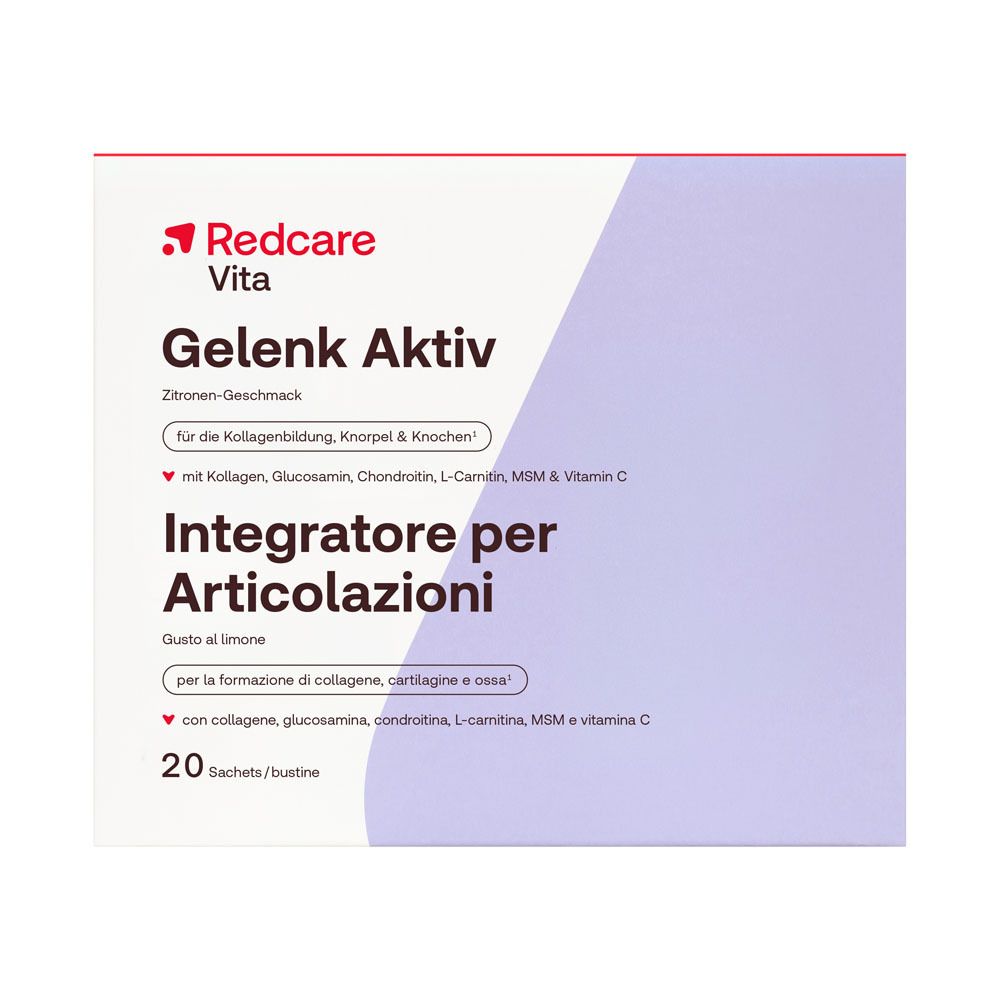 Boîte Redcare Vita Gelenk Aktiv de 20 sachets, saveur citron. Pour la formation de collagène, cartilage et os.