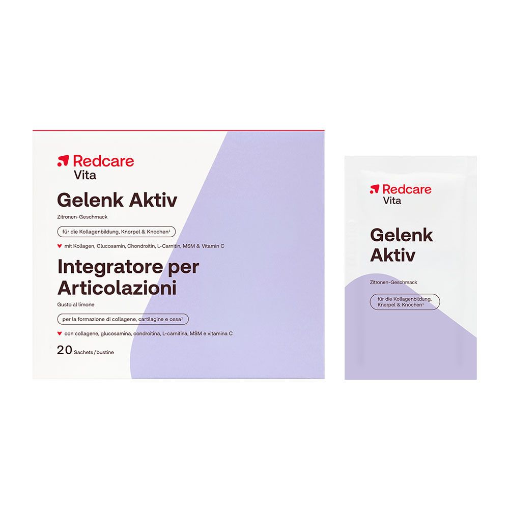 Redcare Vita Gelenk Aktiv Saveur Citron. Boîte de 20 sachets pour articulations, collagène, glucosamine, chondroïtine, MSM & vitamine C.