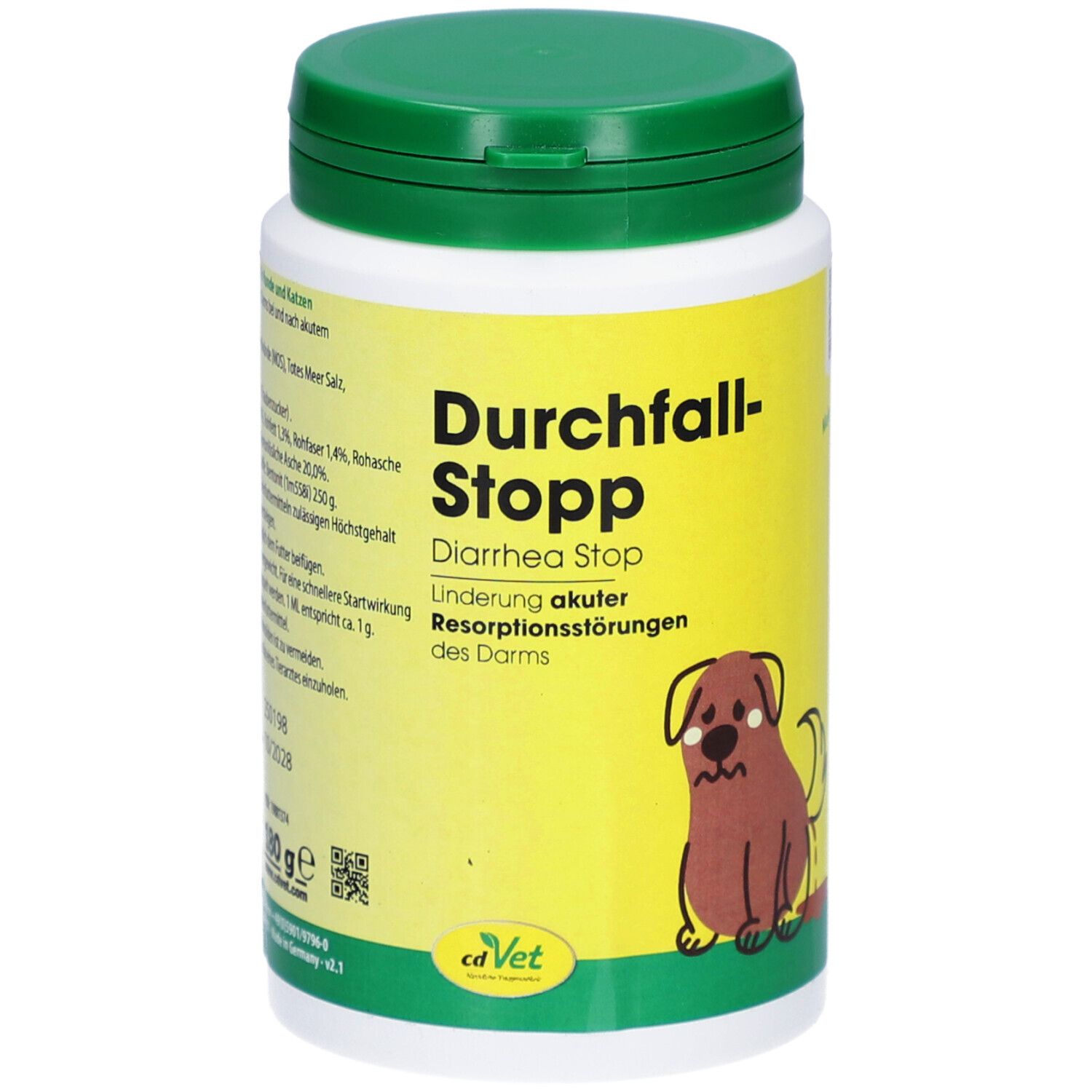 Boîte blanche à couvercle vert. Inscription : Durchfall-Stopp, Diarrhea Stop. Illustration d'un chien.