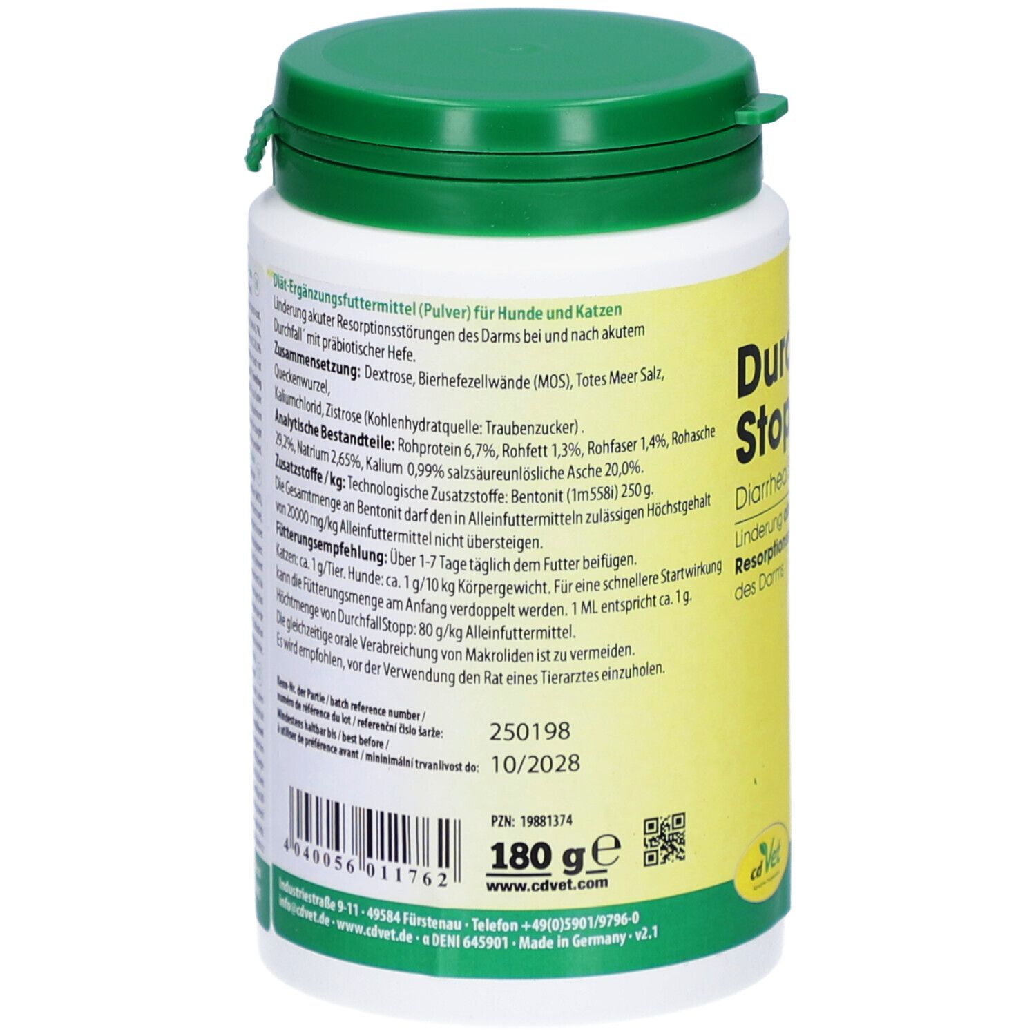 Dos de la boîte blanche. Texte avec ingrédients et dosage. Inscription : 180 g, cdVet.