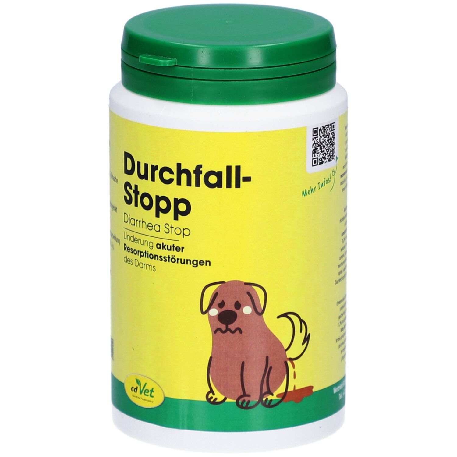 Boîte blanche à couvercle vert. Inscription : Durchfall-Stopp, Diarrhea Stop. Illustration d'un chien.