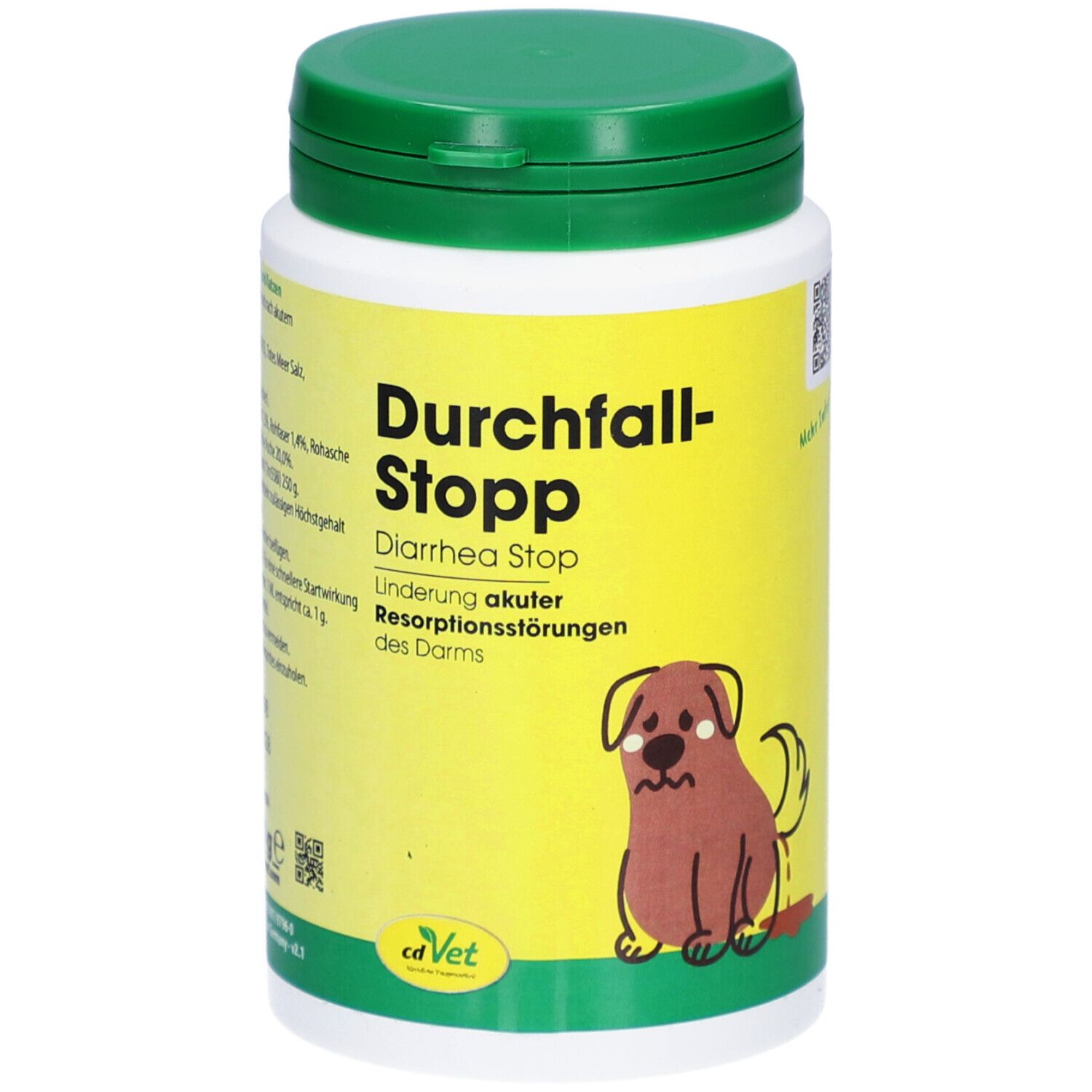 Boîte blanche à couvercle vert. Inscription : Durchfall-Stopp, Diarrhea Stop. Illustration d'un chien.