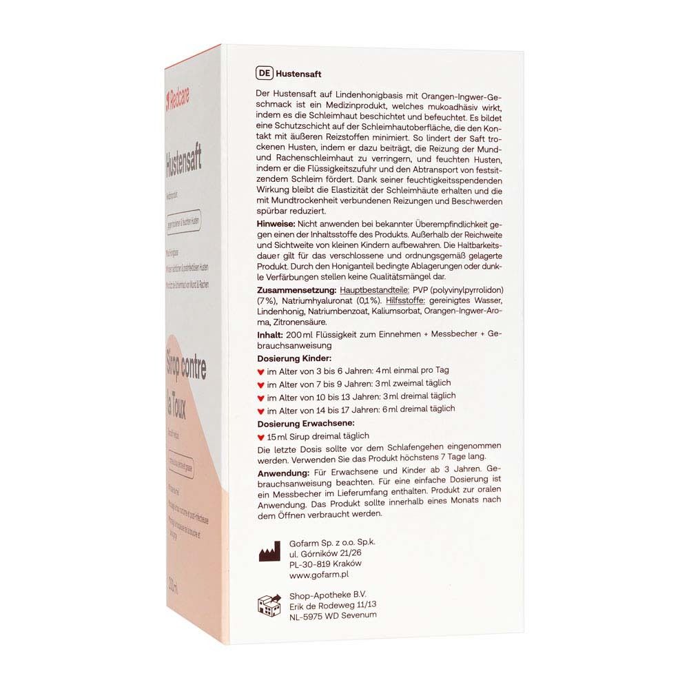 Achterkant van de verpakking van Redcare Hustensaft. Tekst in het Duits met ingrediënten en dosering.
