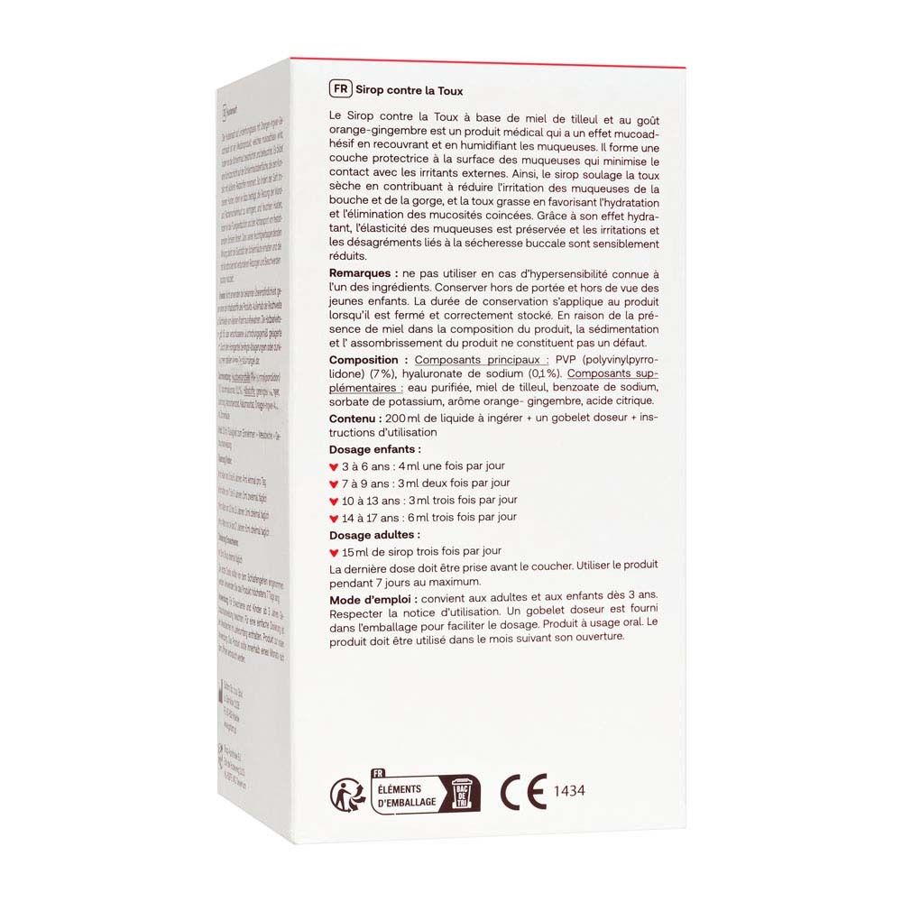 Achterkant van de verpakking van Redcare Hustensaft. Tekst in het Frans met ingrediënten en dosering.