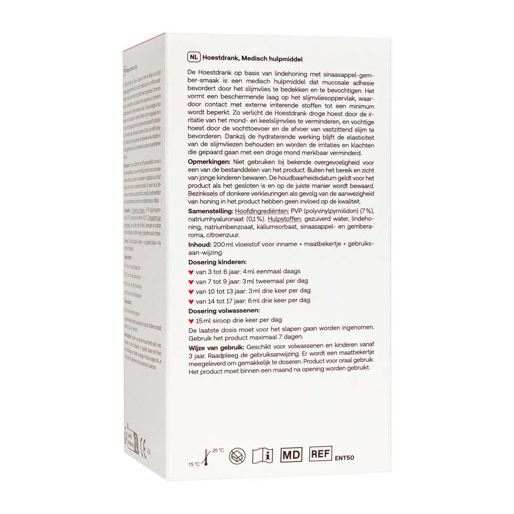 Achterkant van de verpakking van Redcare Hustensaft. Tekst in het Nederlands met ingrediënten en dosering.