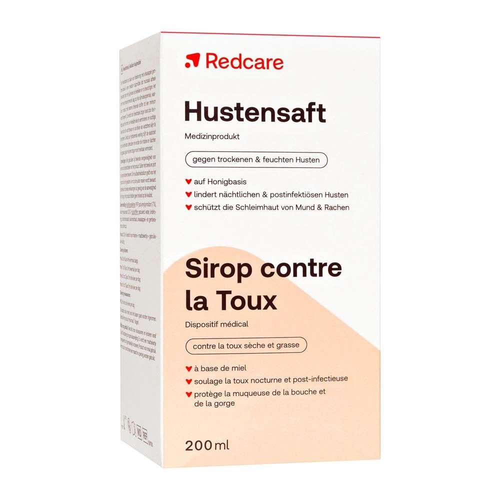 Verpakking Redcare Hustensaft. Wit met productnaam, ingrediënten en logo. Fles niet afgebeeld.