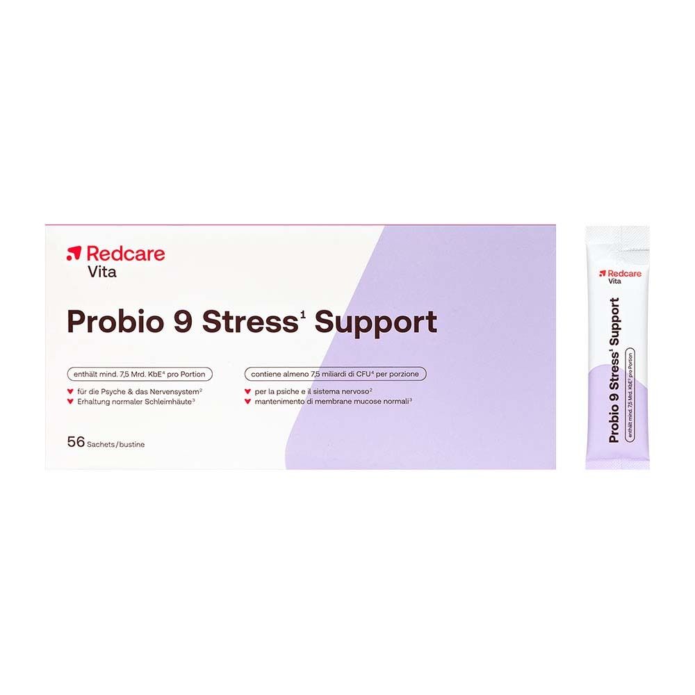 Boîte et sachet de Redcare Vita Probio 9 Stress¹ Support. 56 sachets. Violet et blanc.
