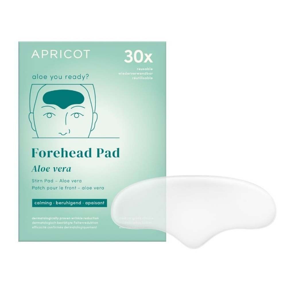 Emballage de Forehead Pad APRICOT Aloe vera. 30x réutilisable. Calmant. Texte: Forehead Pad Aloe vera.