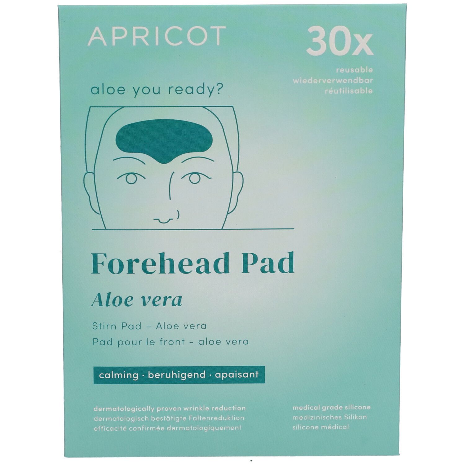 Verpakking van Forehead Pad met Aloë Vera. Merk APRICOT. Opschrift: Forehead Pad, Aloe vera. 30x herbruikbaar. Illustratie van een gezicht.