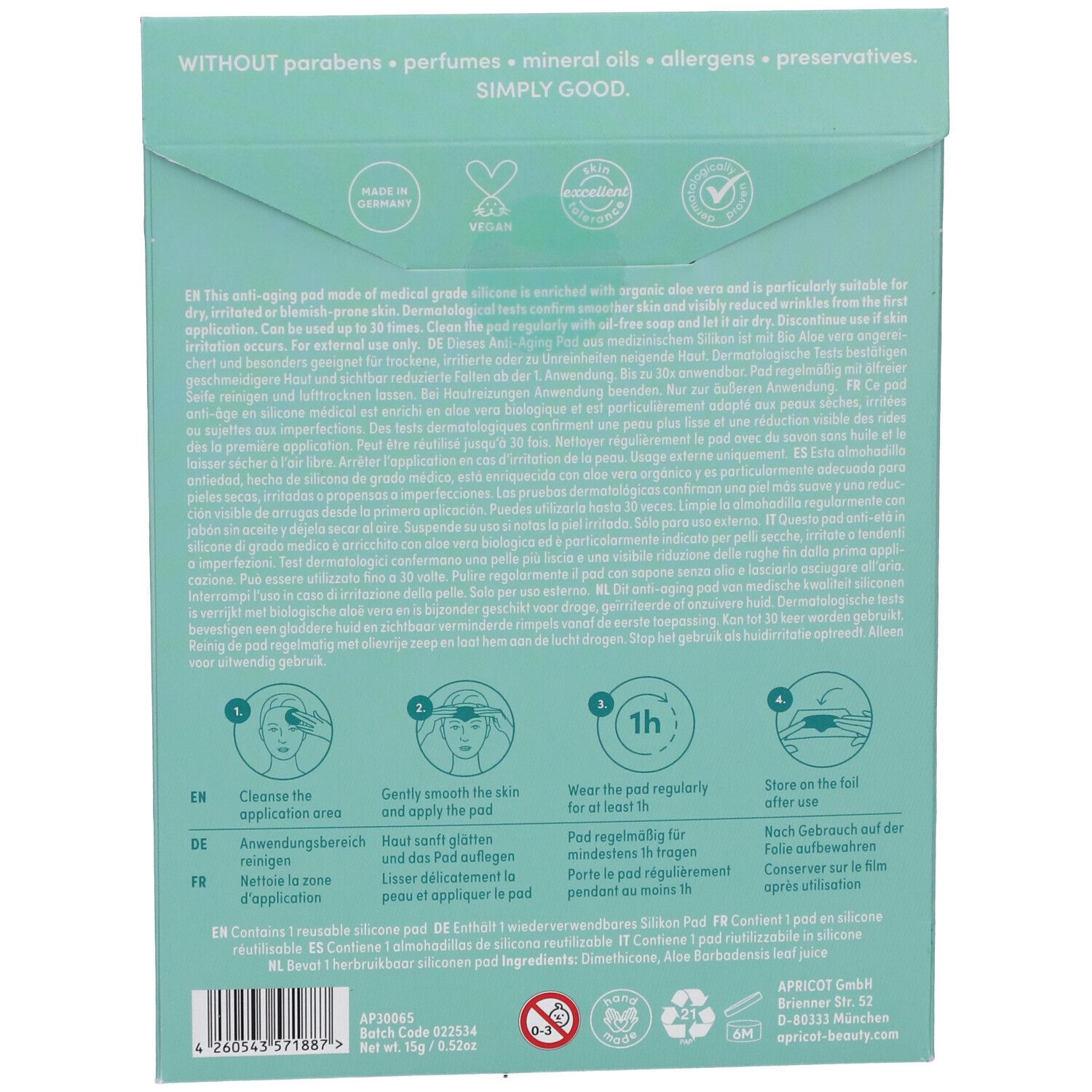 Achterkant van de verpakking. Tekst: Zonder parabenen, parfums, minerale oliën, allergenen, conserveermiddelen. Instructies met pictogrammen.