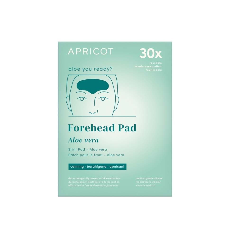 Emballage de Forehead Pad APRICOT Aloe vera. 30x réutilisable. Calmant. Texte: Forehead Pad Aloe vera.