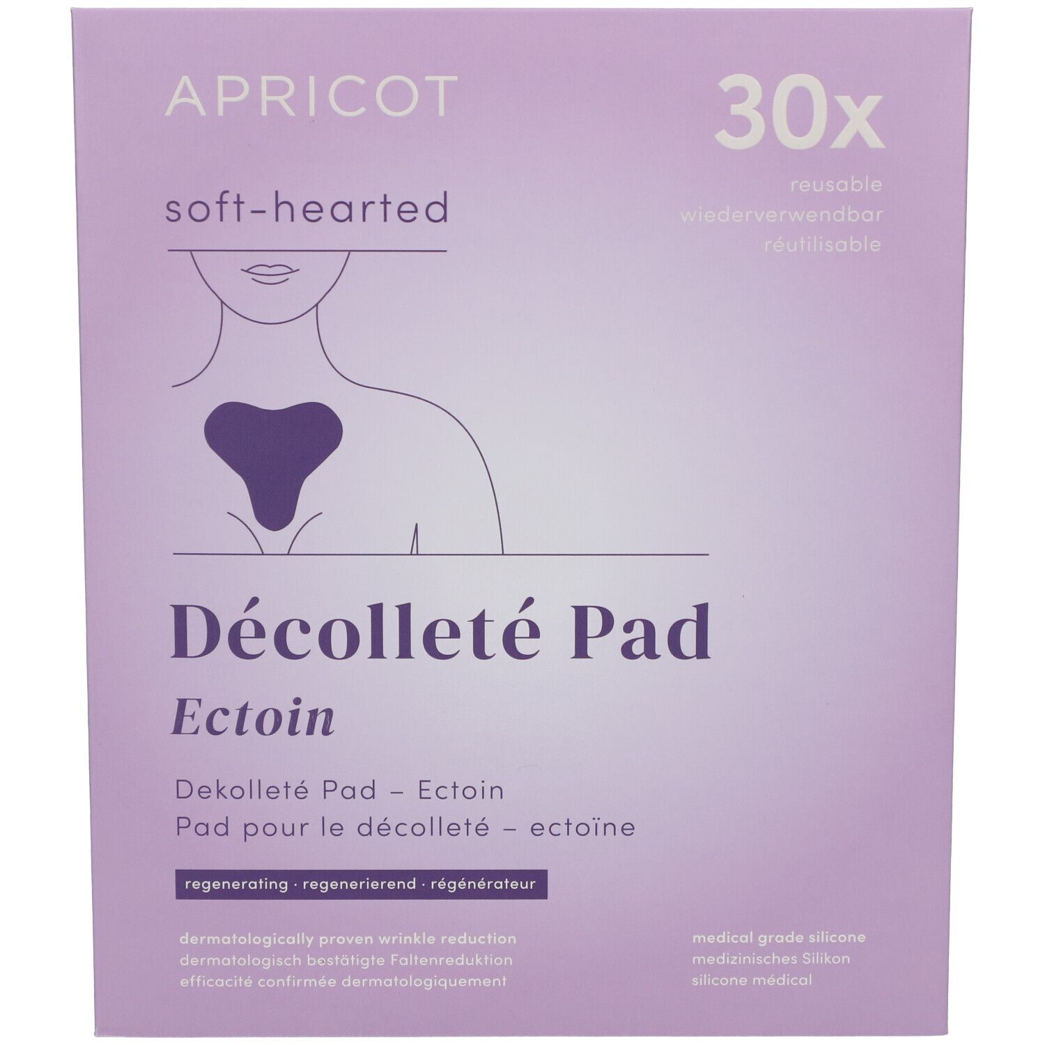 Verpakking met productafbeelding. Opschrift: APRICOT, Décolleté Pad Ectoin, 30x herbruikbaar. Paarse achtergrond.
